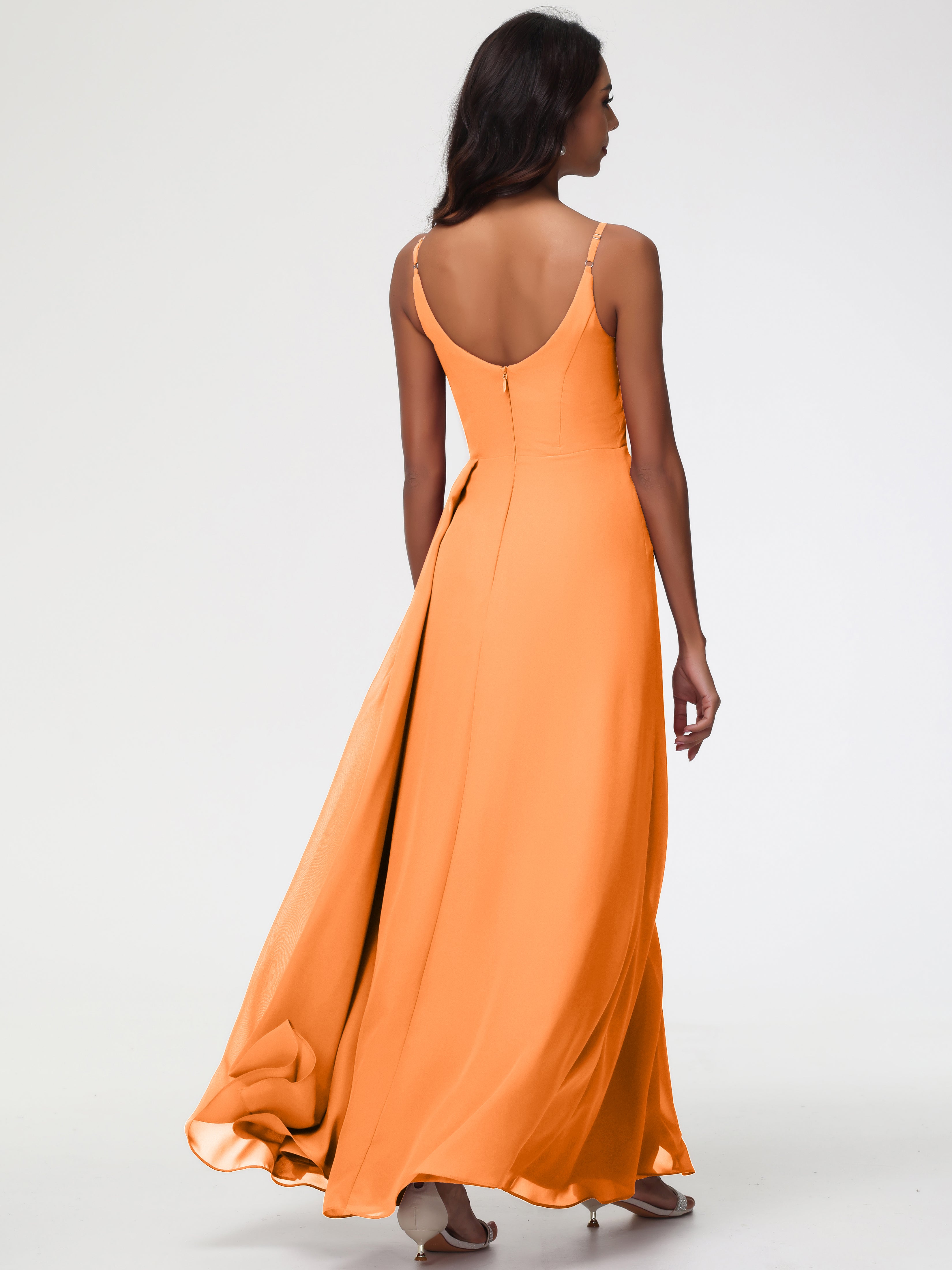 Robe Demoiselle Dhonneur Orange Bretelles Spaghetti Col V Mousseline Robe Demoiselle D'Honneur Longue Plissée