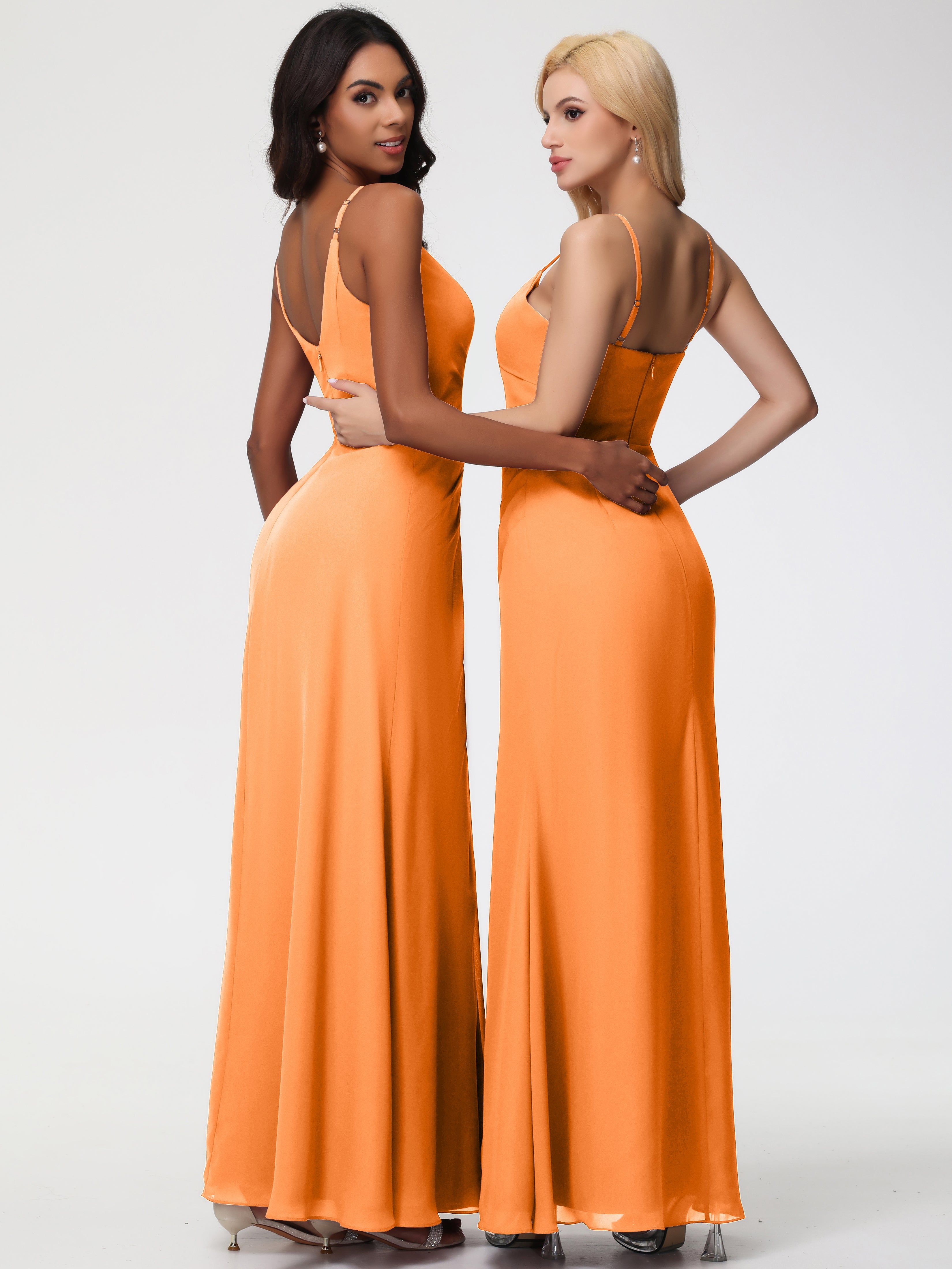 Robe Demoiselle Dhonneur Orange Bretelles Spaghetti Col V Mousseline Robe Demoiselle D'Honneur Longue Plissée