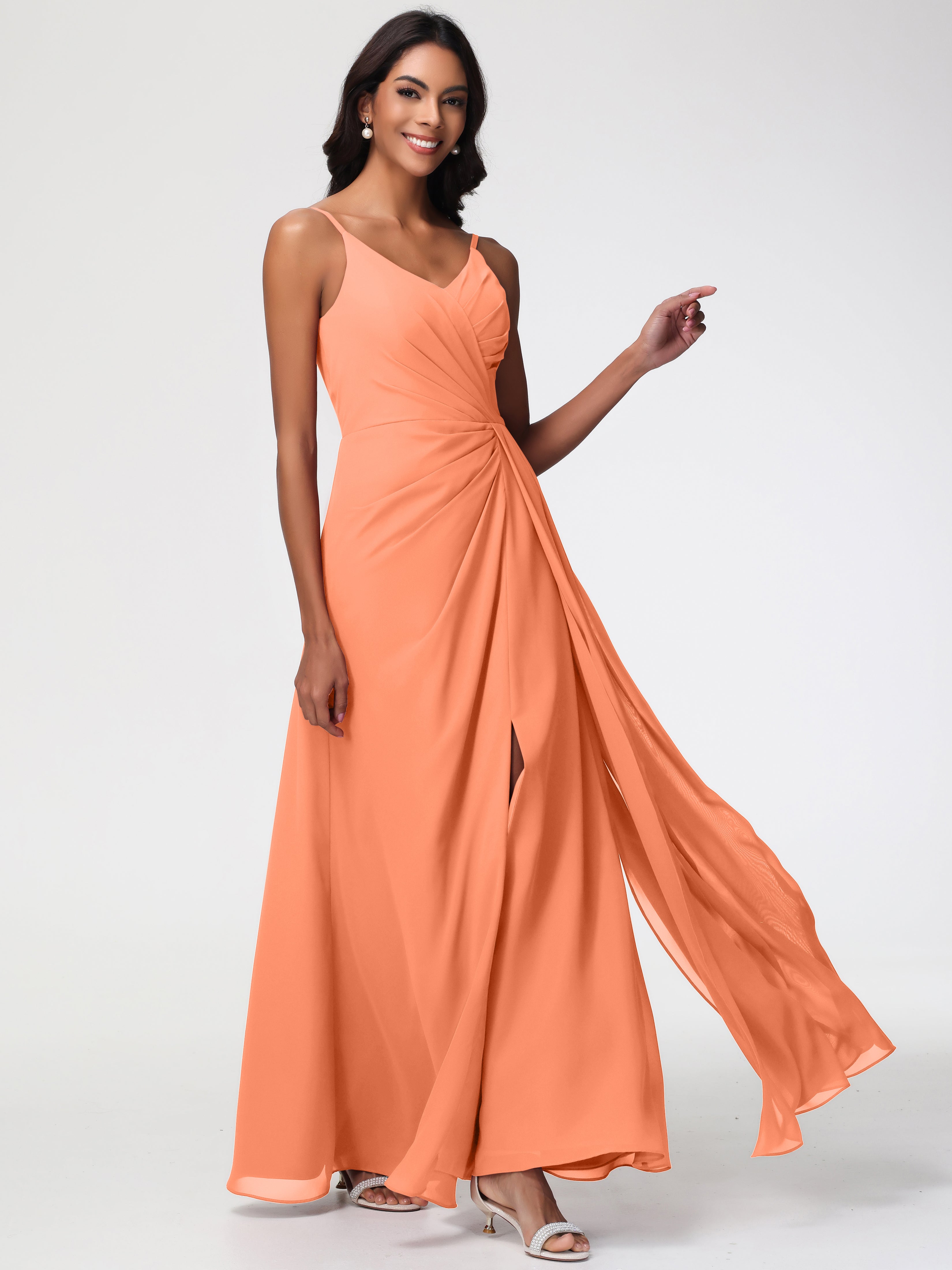 Robes De Demoiselle D'Honneur Papaye Bretelles Spaghetti Col V Mousseline Robe Demoiselle D'Honneur Longue Plissée