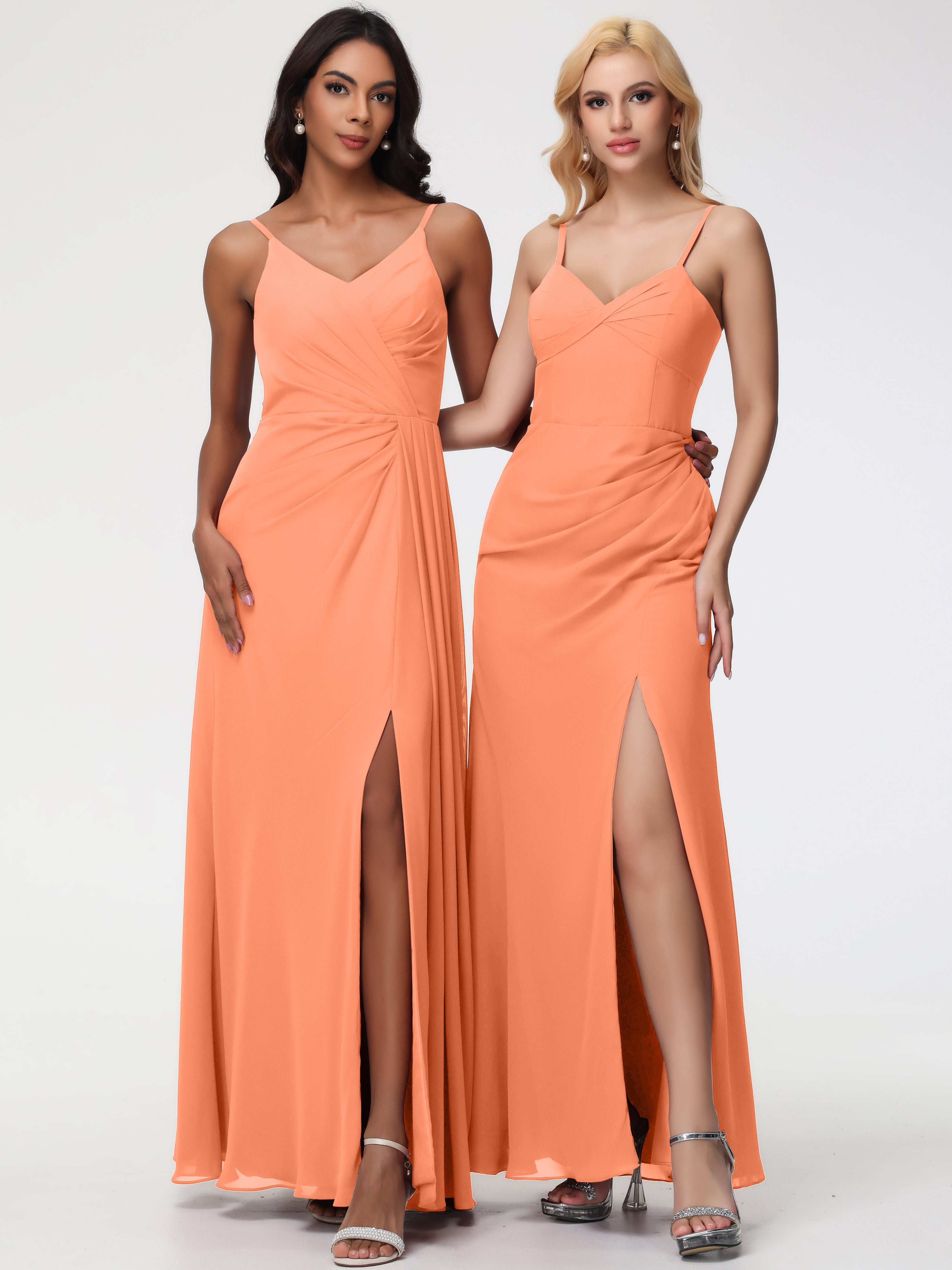 Robes De Demoiselle D'Honneur Papaye Bretelles Spaghetti Col V Mousseline Robe Demoiselle D'Honneur Longue Plissée