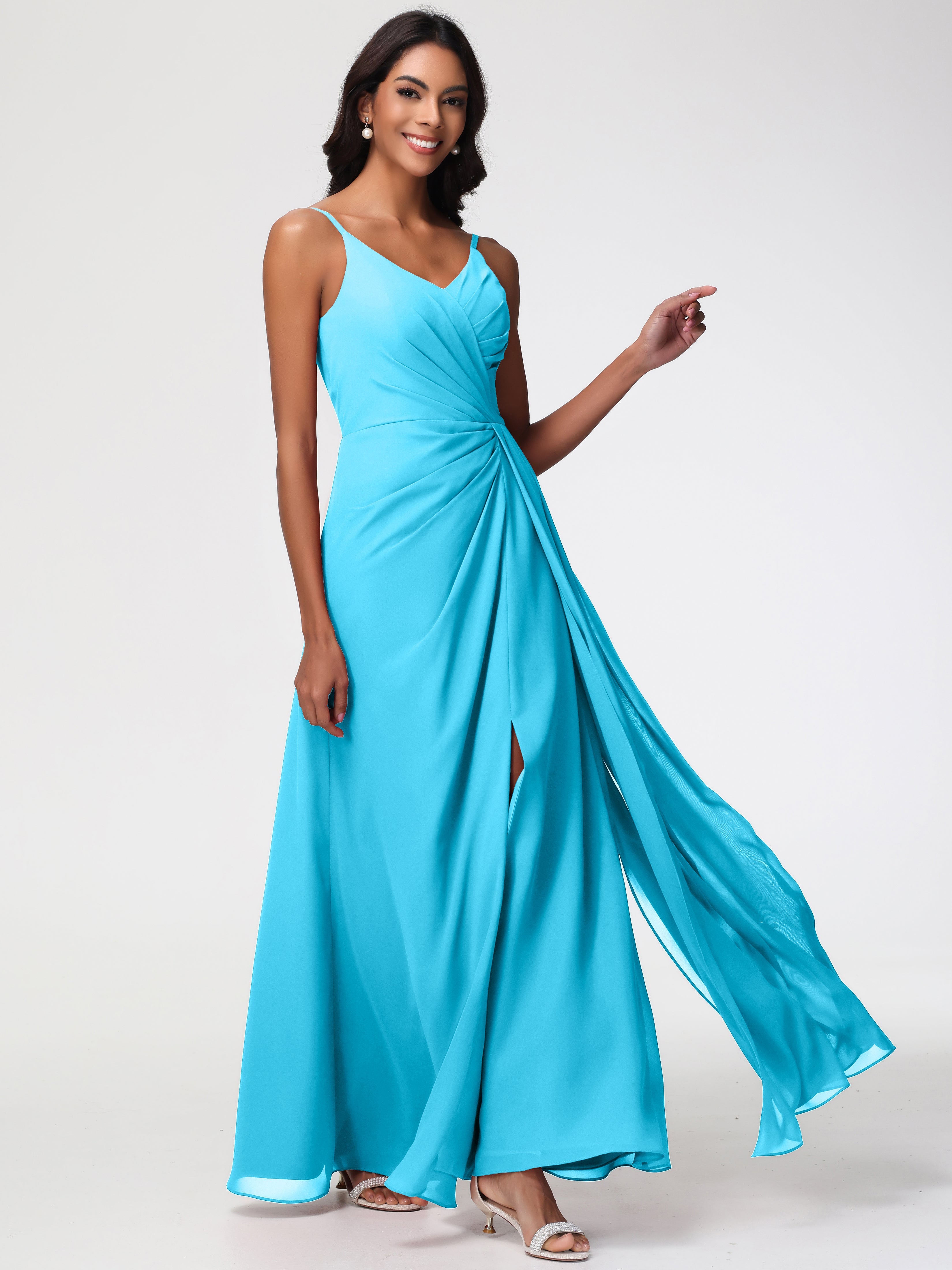 Robe De Demoiselle D'Honneur En Piscine Bretelles Spaghetti Col V Mousseline Robe Demoiselle D'Honneur Longue Plissée