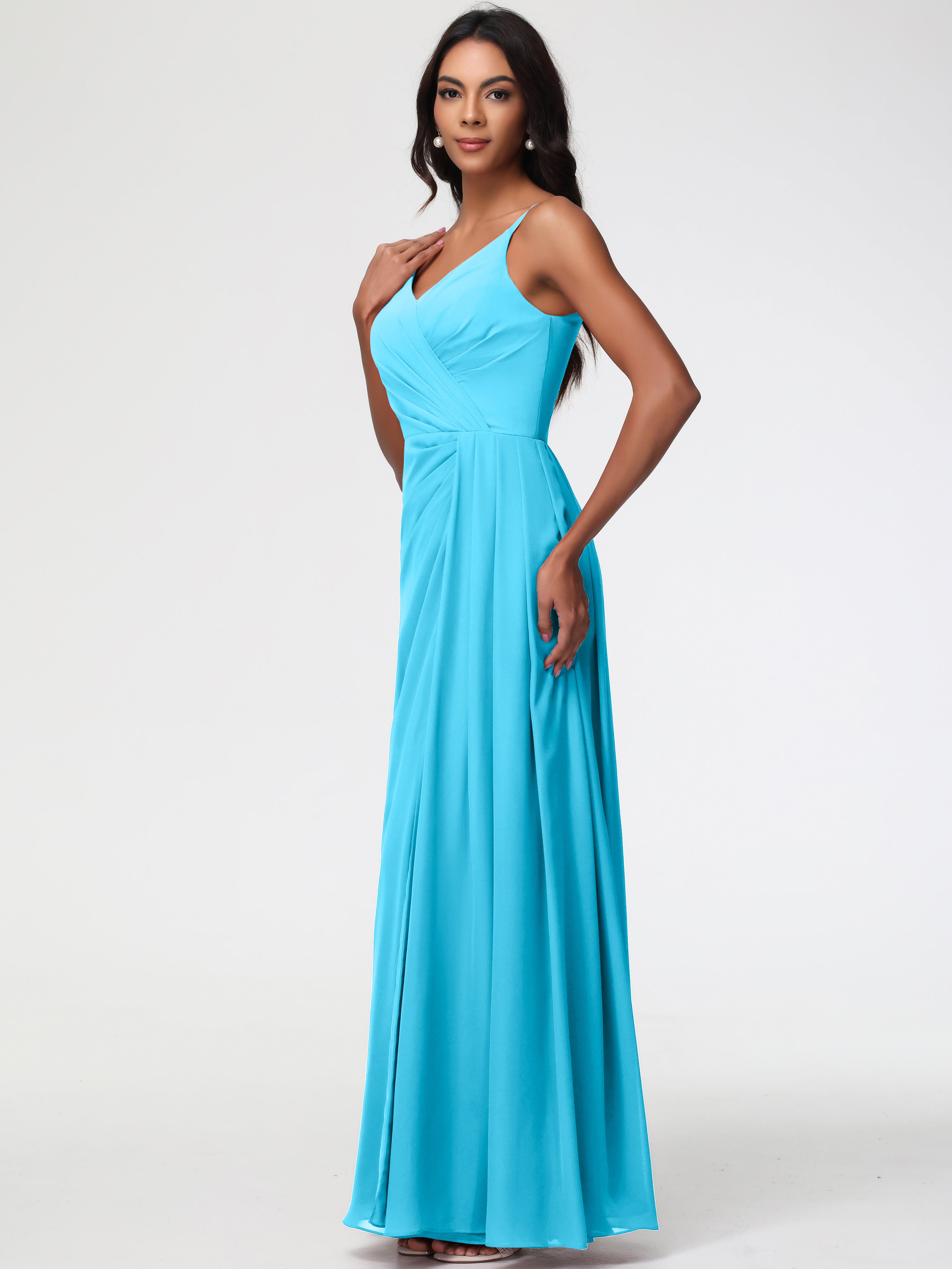 Robe De Demoiselle D'Honneur En Piscine Bretelles Spaghetti Col V Mousseline Robe Demoiselle D'Honneur Longue Plissée