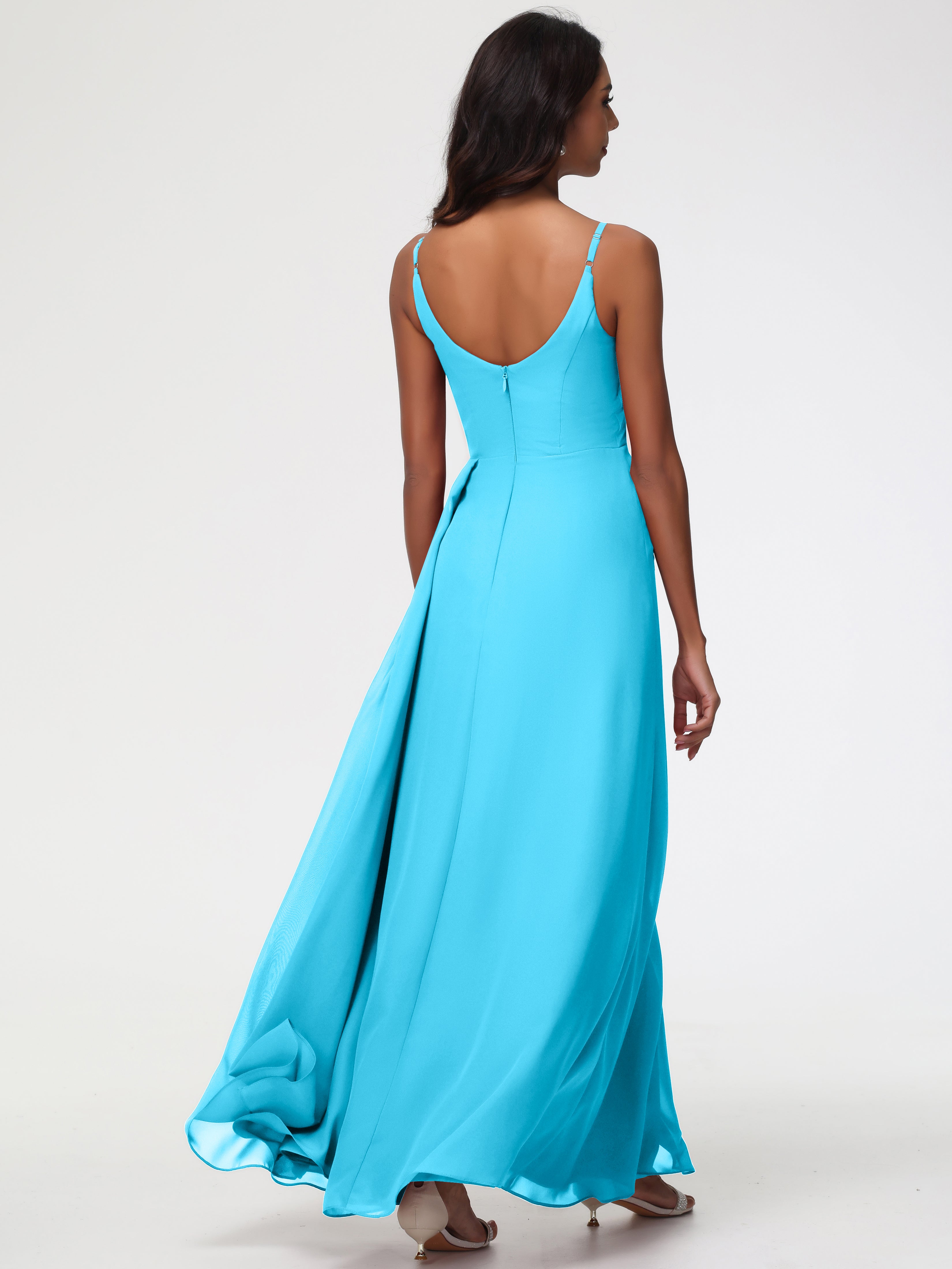 Robe De Demoiselle D'Honneur En Piscine Bretelles Spaghetti Col V Mousseline Robe Demoiselle D'Honneur Longue Plissée