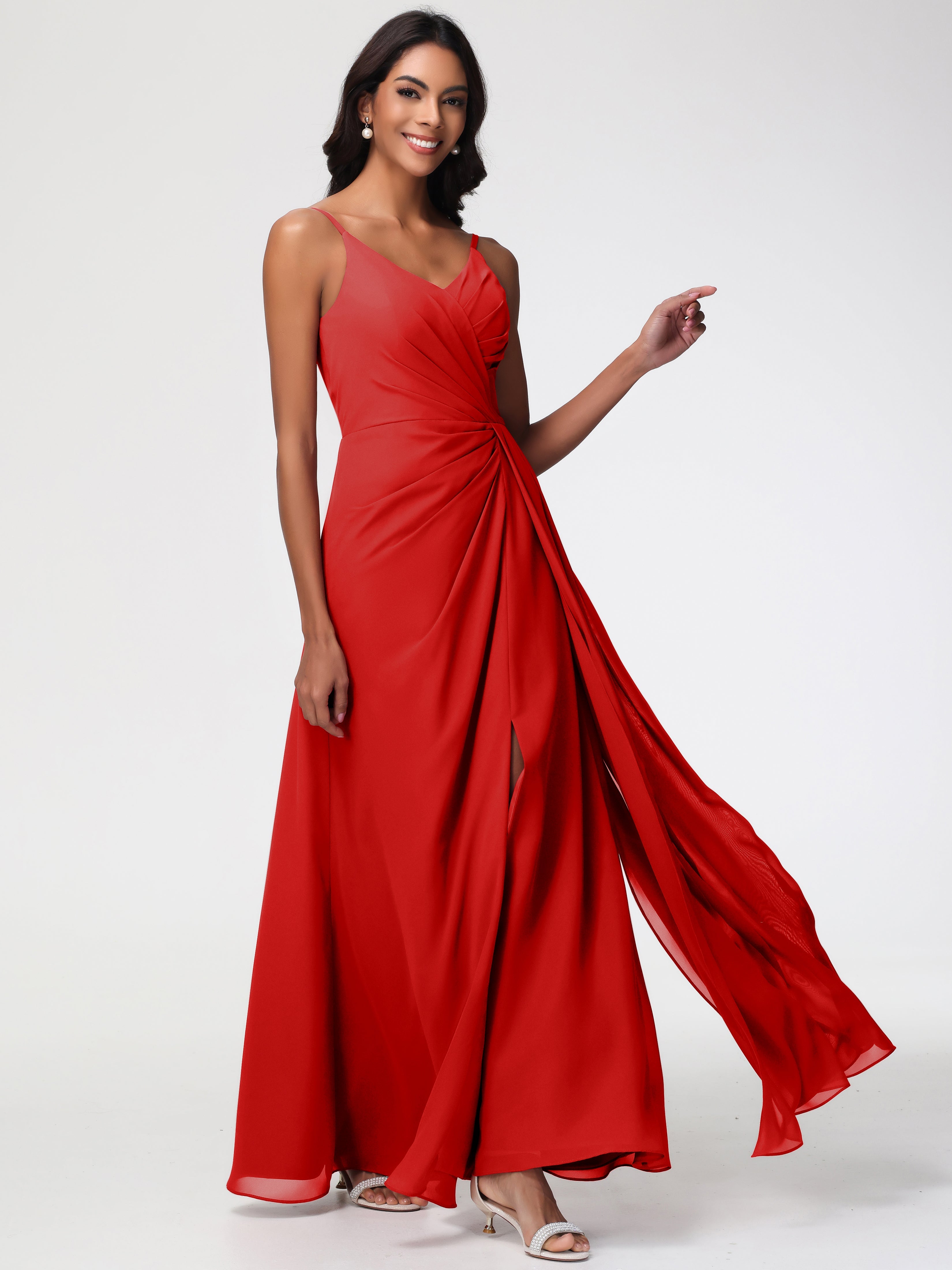 Robe Rouge Demoiselle D Honneur Bretelles Spaghetti Col V Mousseline Robe Demoiselle D'Honneur Longue Plissée