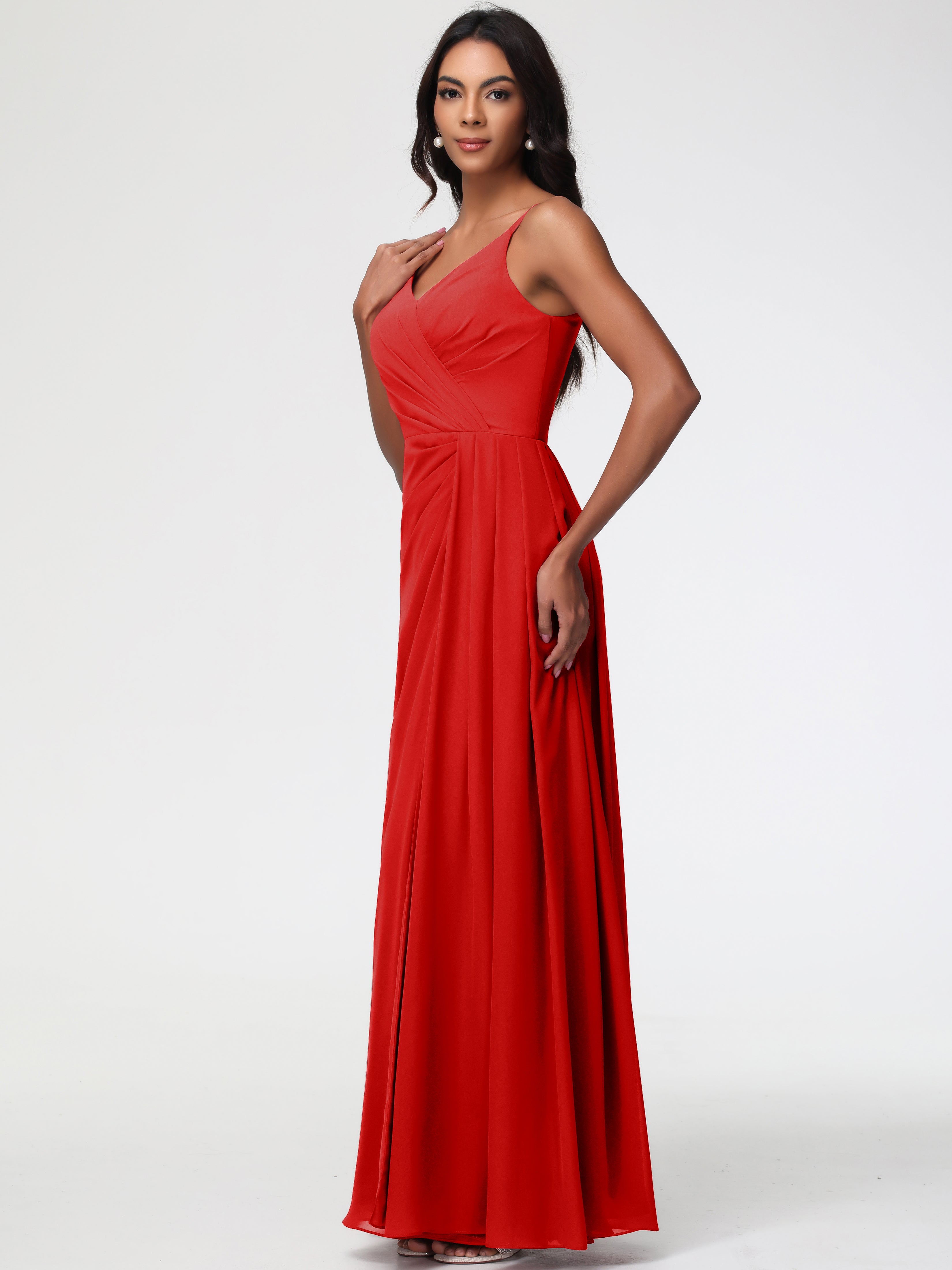 Robe Rouge Demoiselle D Honneur Bretelles Spaghetti Col V Mousseline Robe Demoiselle D'Honneur Longue Plissée