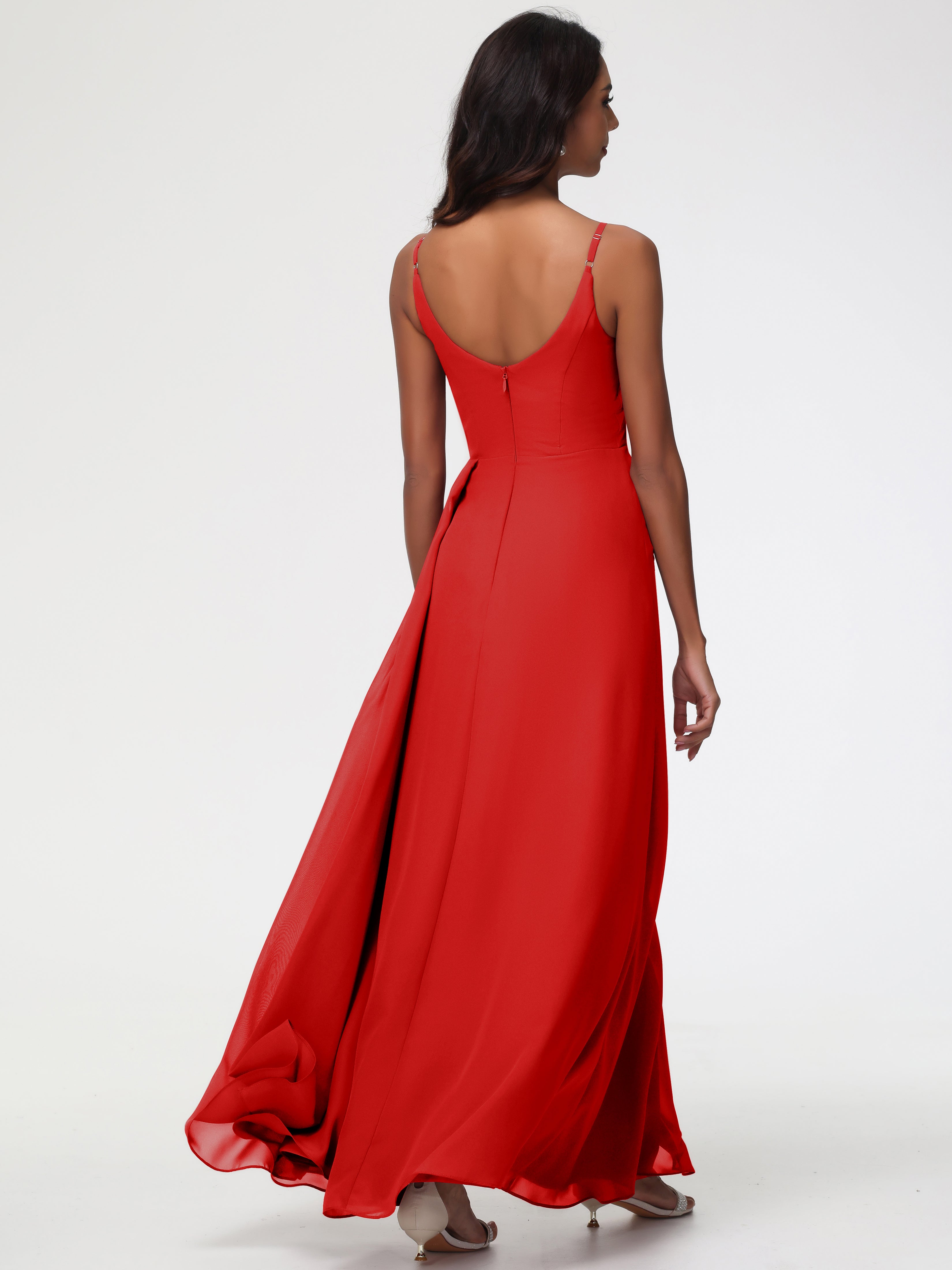 Robe Rouge Demoiselle D Honneur Bretelles Spaghetti Col V Mousseline Robe Demoiselle D'Honneur Longue Plissée