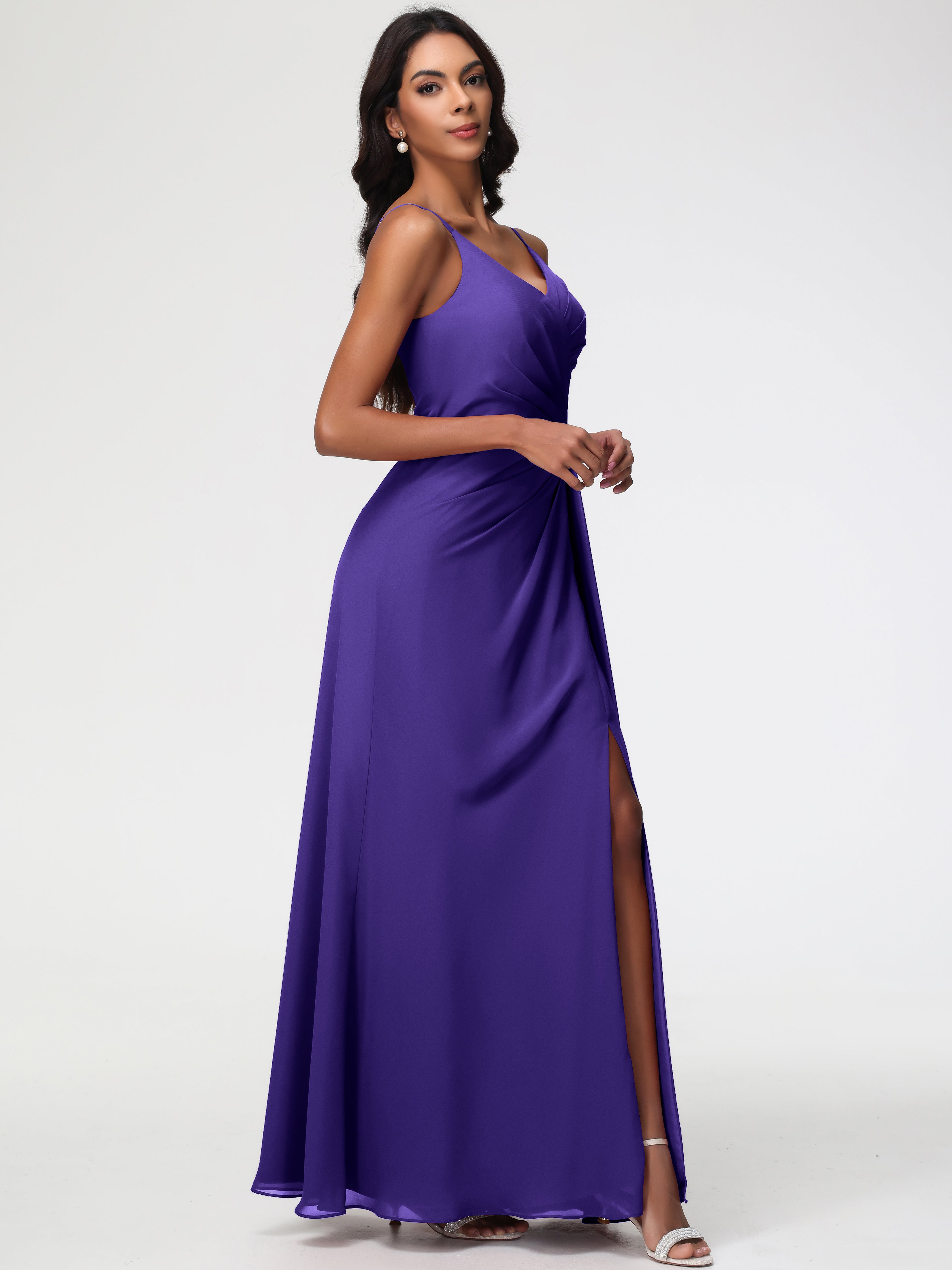 Robes De Demoiselle D'Honneur En Régence Bretelles Spaghetti Col V Mousseline Robe Demoiselle D'Honneur Longue Plissée