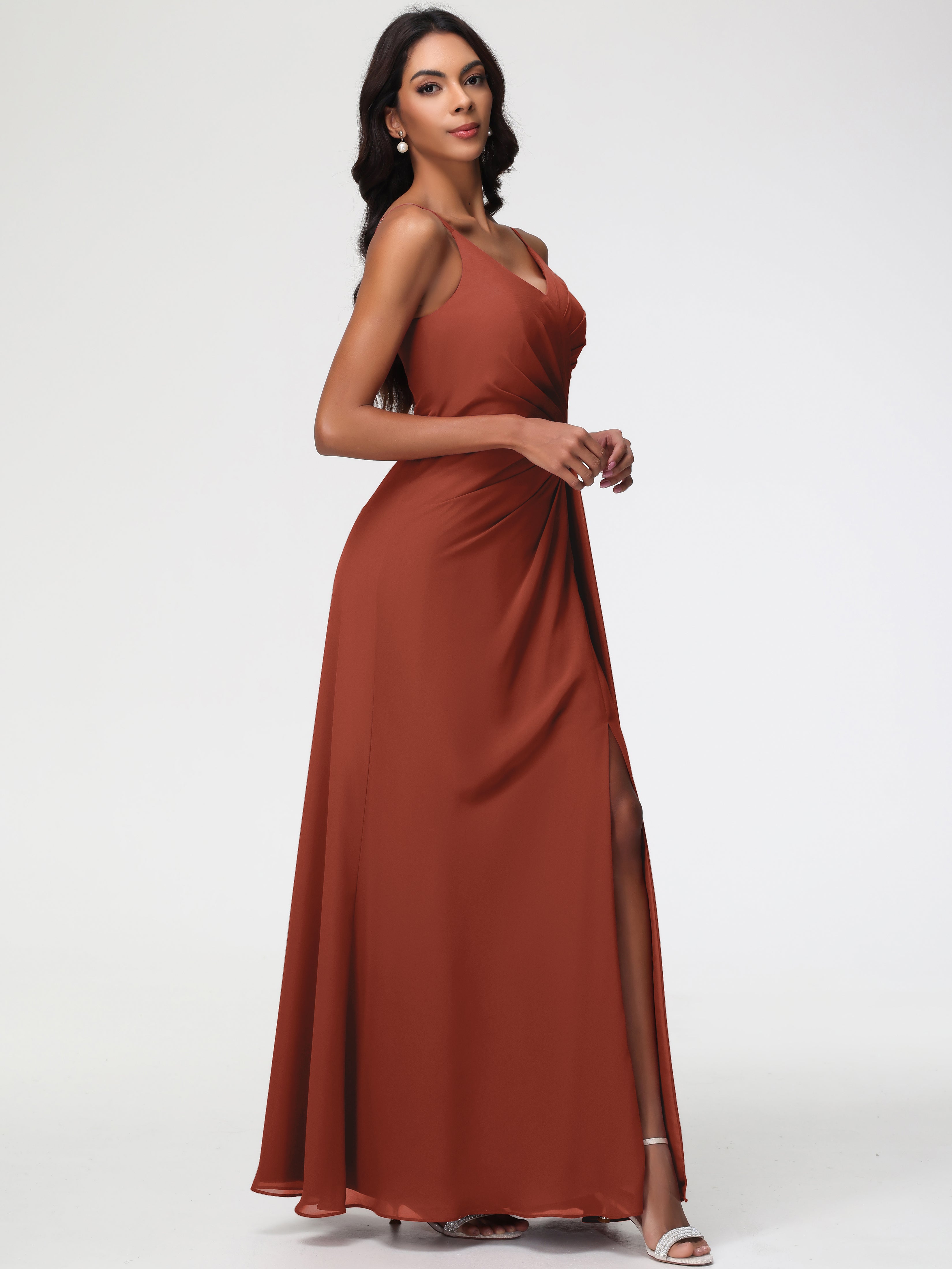 Robe De Demoiselle D'Honneur Rouille Bretelles Spaghetti Col V Mousseline Robe Demoiselle D'Honneur Longue Plissée