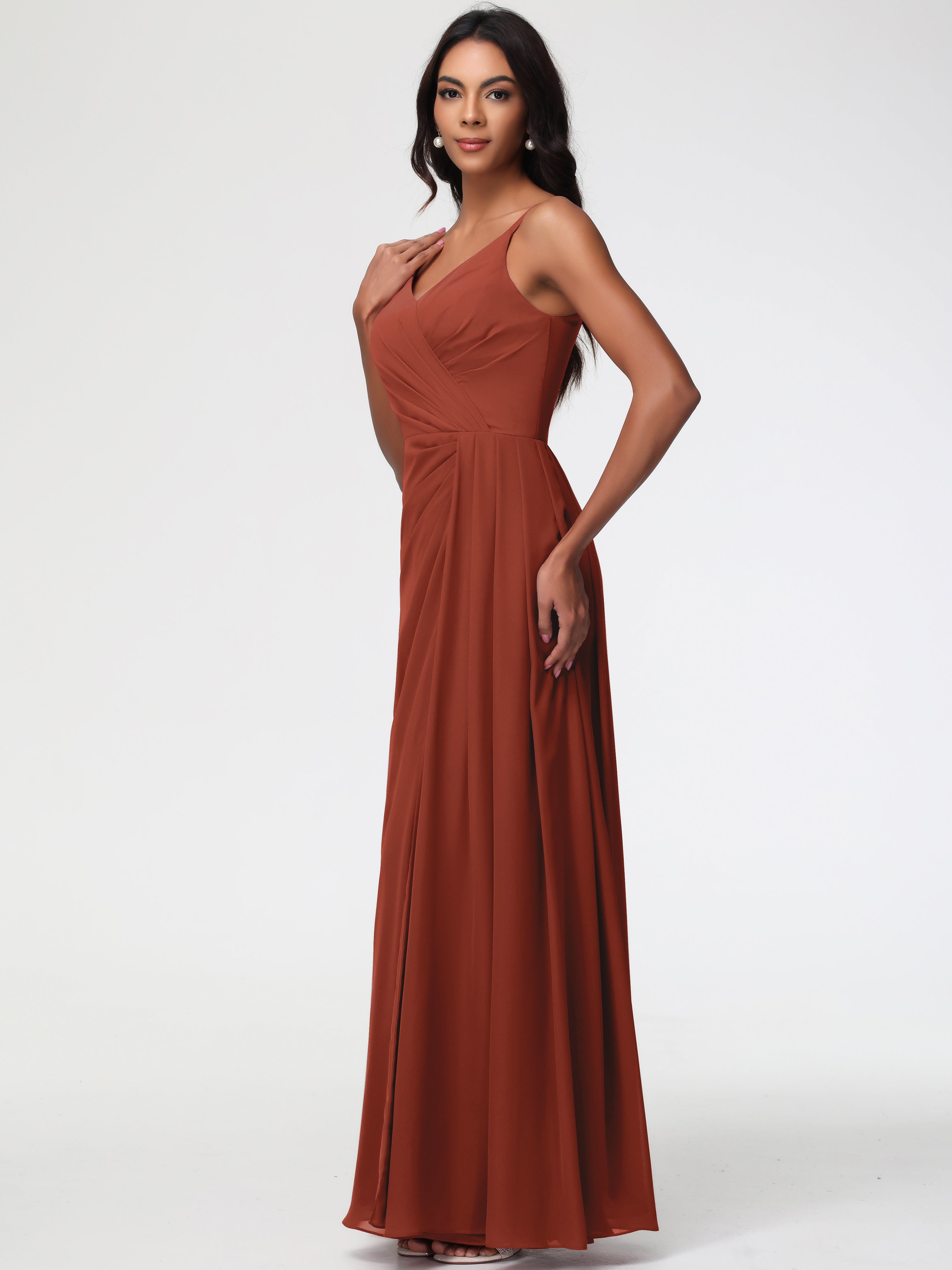 Robe De Demoiselle D'Honneur Rouille Bretelles Spaghetti Col V Mousseline Robe Demoiselle D'Honneur Longue Plissée