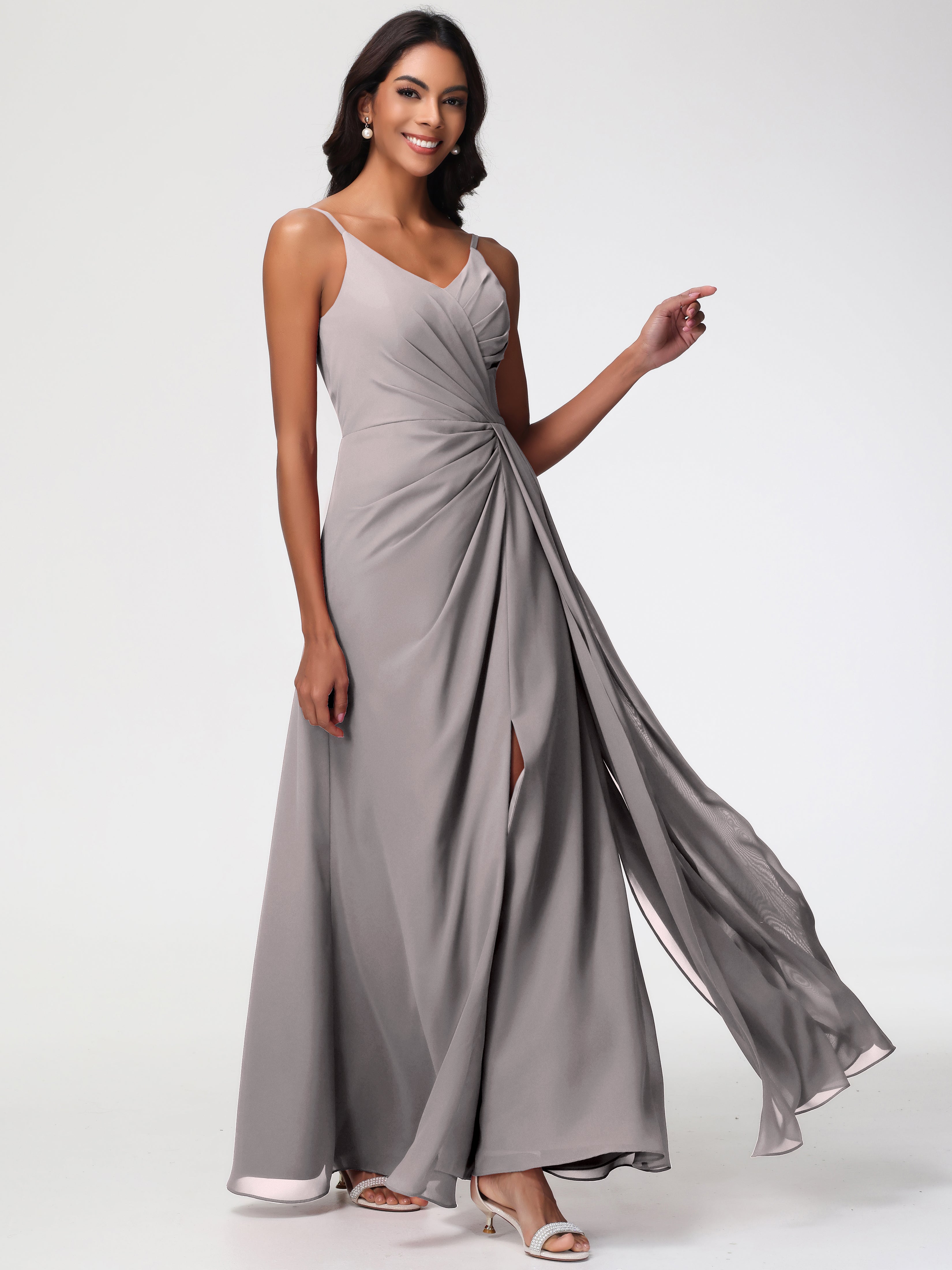 Robe Demoiselle D Honneur Argentée Bretelles Spaghetti Col V Mousseline Robe Demoiselle D'Honneur Longue Plissée