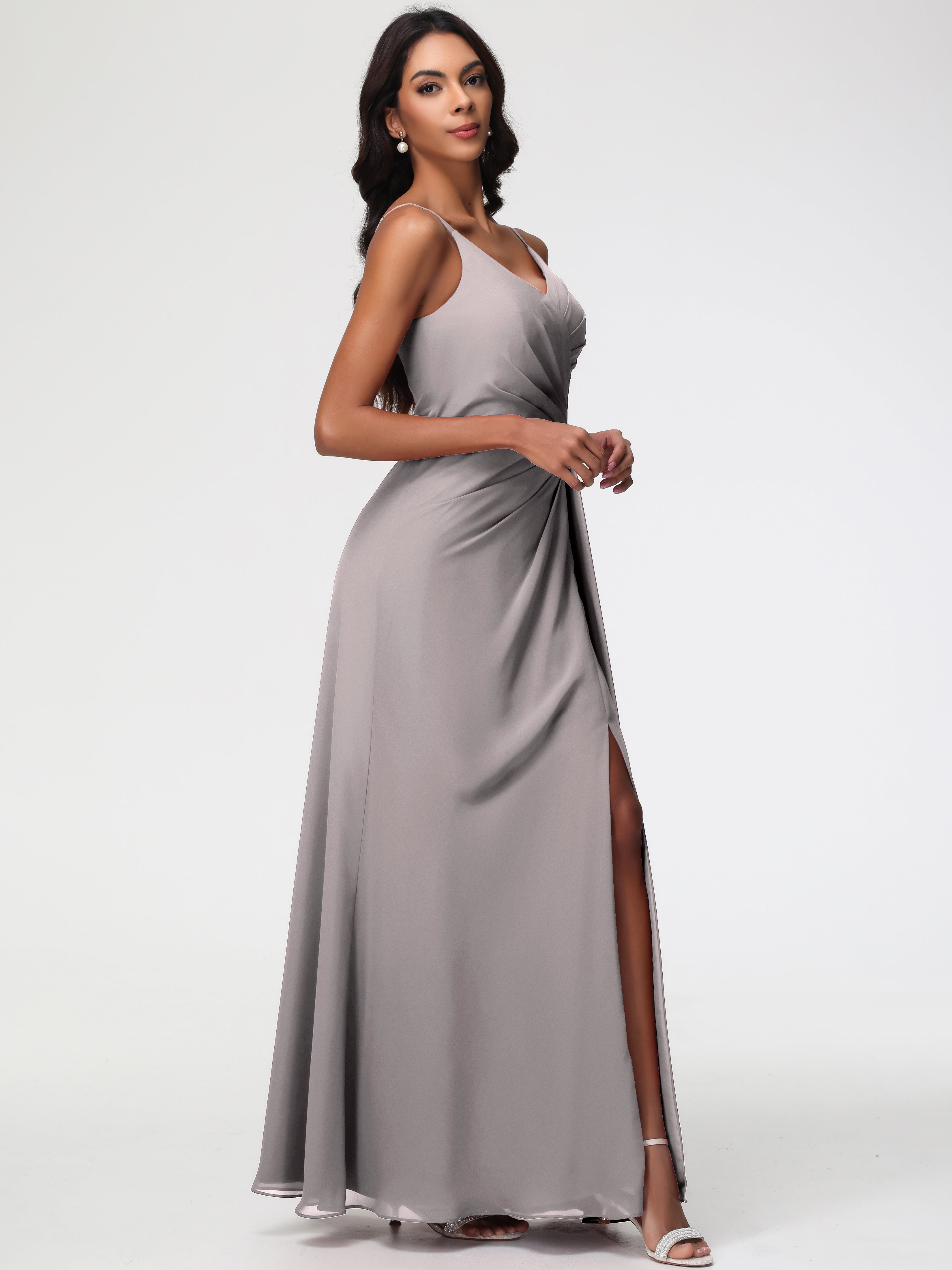 Robe Demoiselle D Honneur Argentée Bretelles Spaghetti Col V Mousseline Robe Demoiselle D'Honneur Longue Plissée