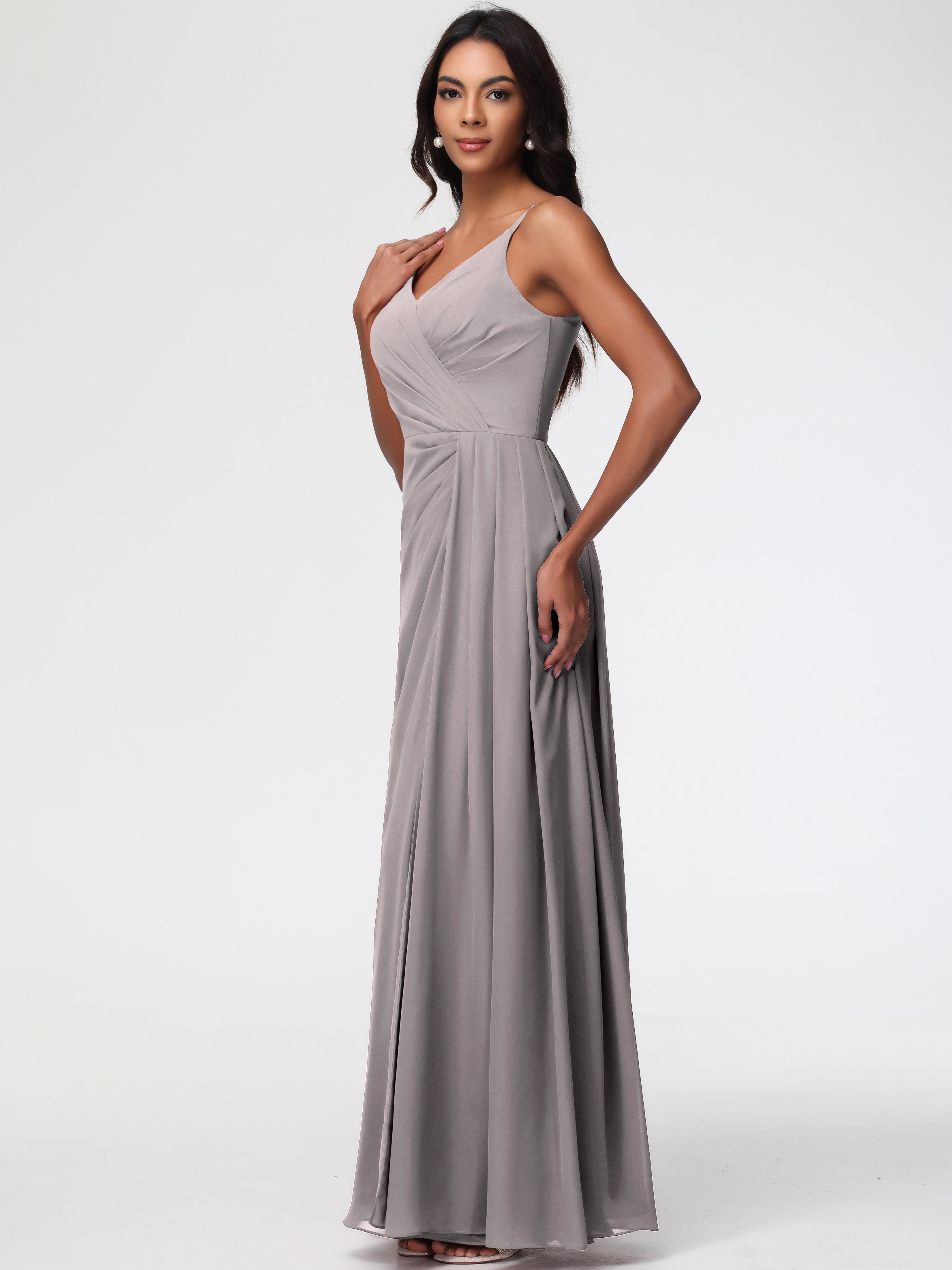 Robe Demoiselle D Honneur Argentée Bretelles Spaghetti Col V Mousseline Robe Demoiselle D'Honneur Longue Plissée