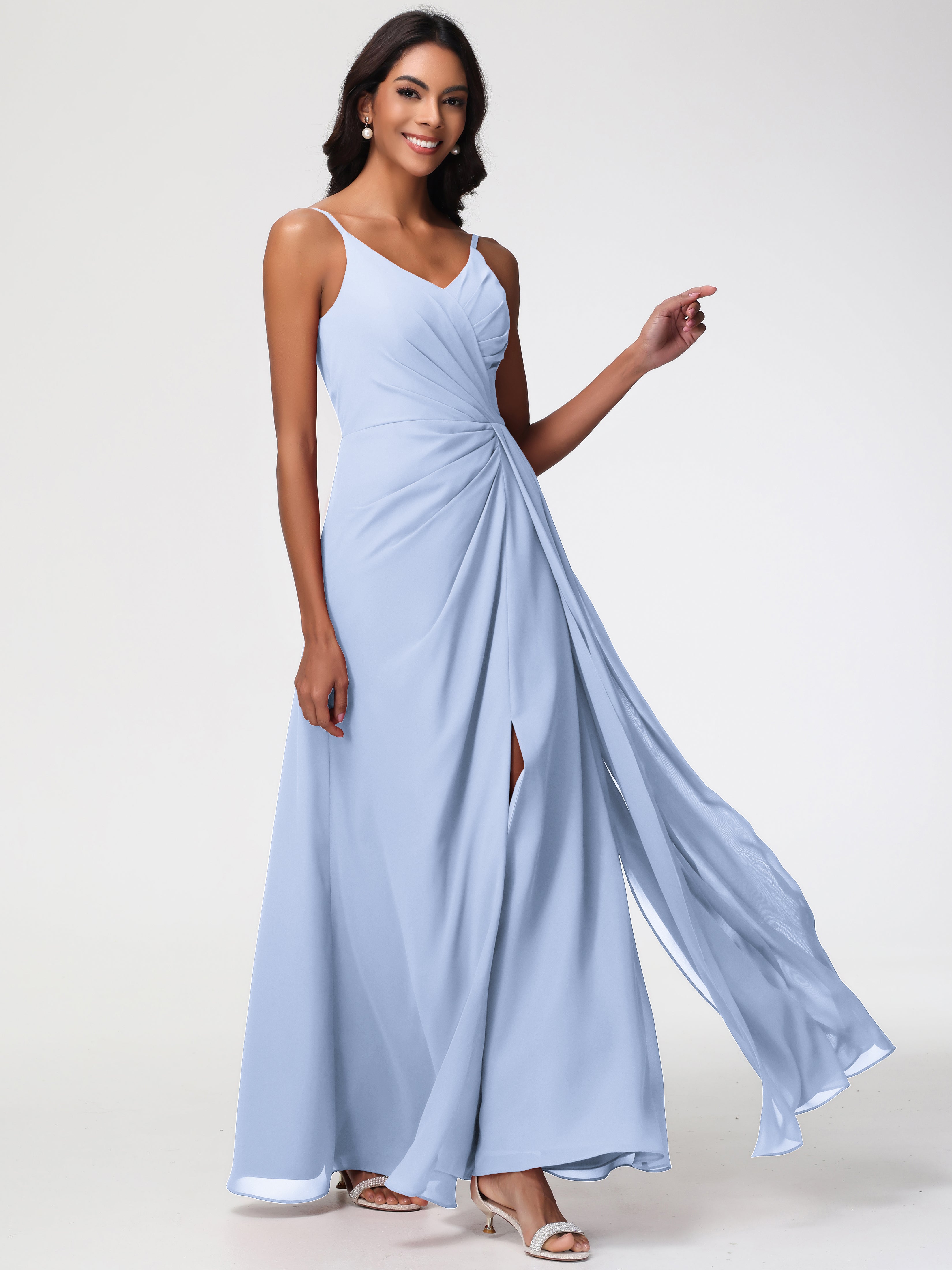 Demoiselle D Honneur Bleu Ciel Bretelles Spaghetti Col V Mousseline Robe Demoiselle D'Honneur Longue Plissée
