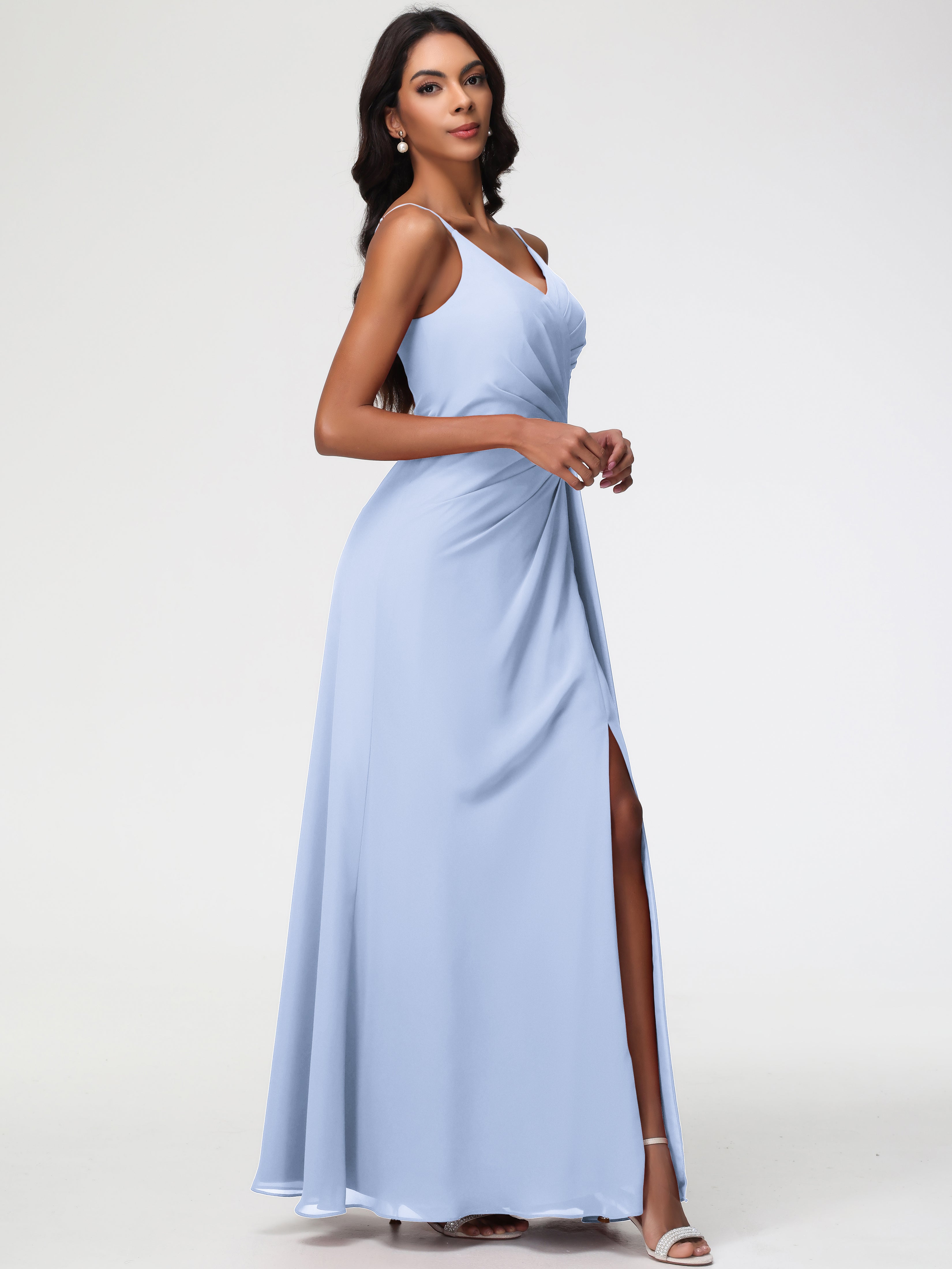 Demoiselle D Honneur Bleu Ciel Bretelles Spaghetti Col V Mousseline Robe Demoiselle D'Honneur Longue Plissée
