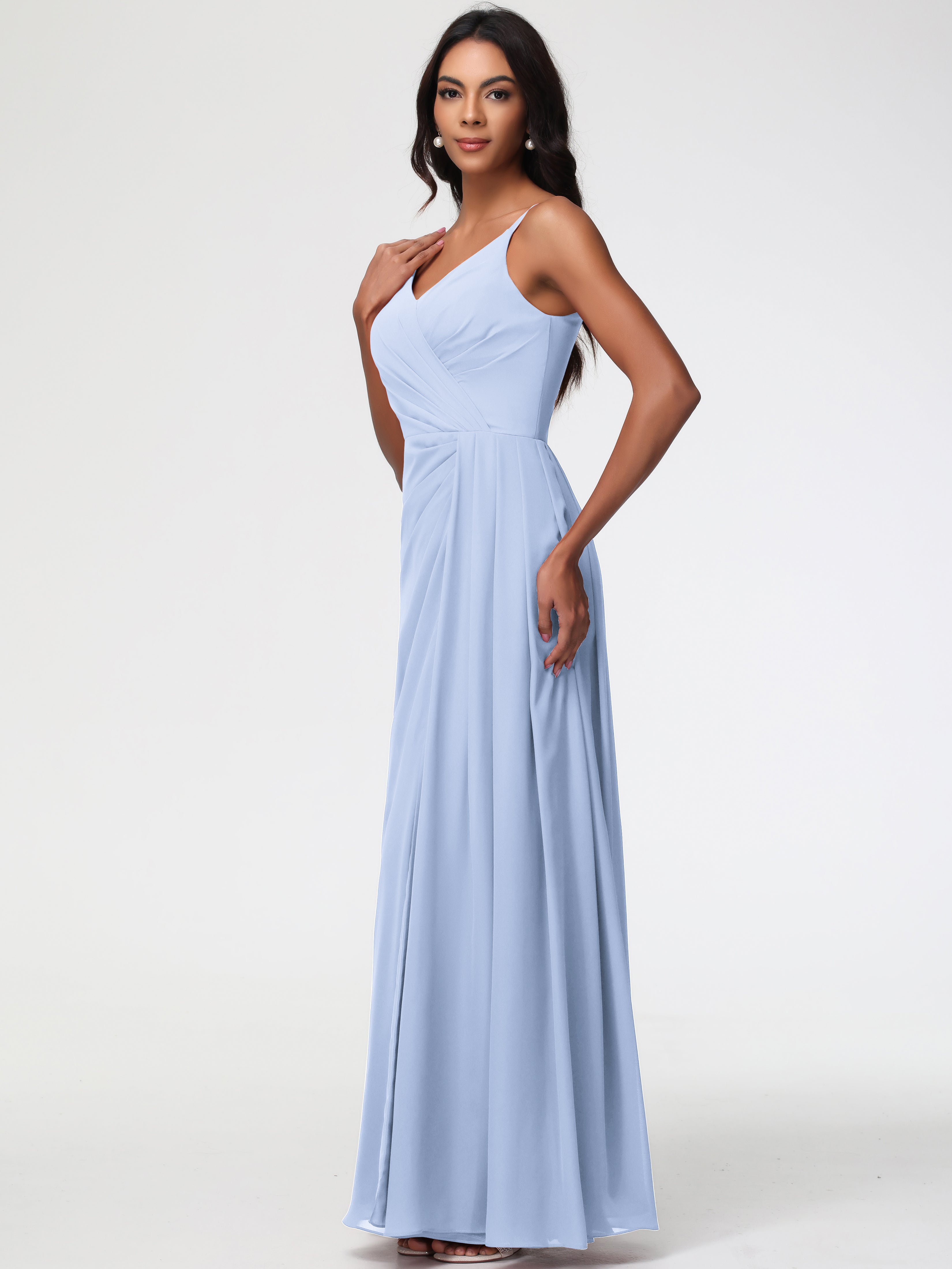 Demoiselle D Honneur Bleu Ciel Bretelles Spaghetti Col V Mousseline Robe Demoiselle D'Honneur Longue Plissée