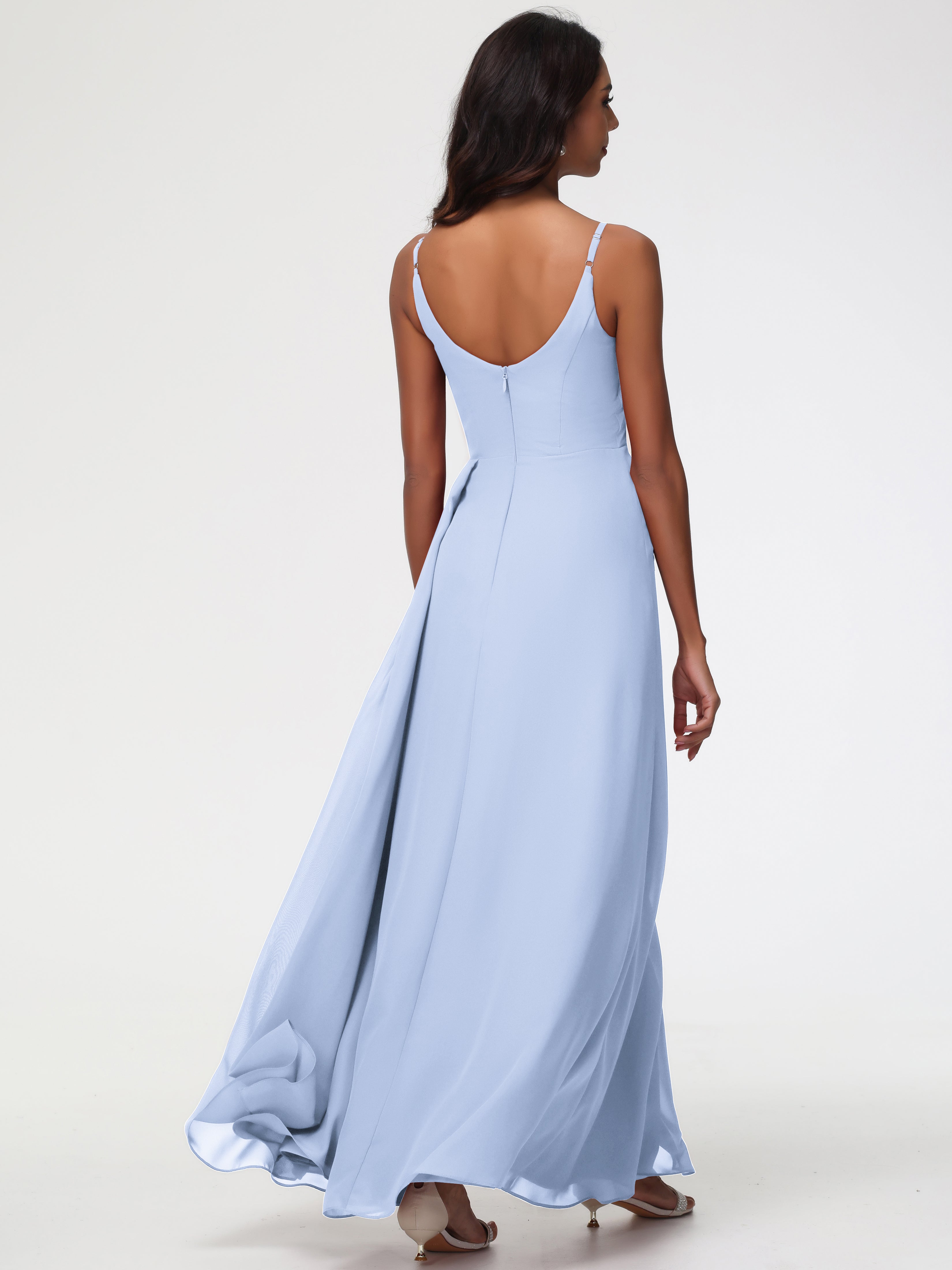 Demoiselle D Honneur Bleu Ciel Bretelles Spaghetti Col V Mousseline Robe Demoiselle D'Honneur Longue Plissée