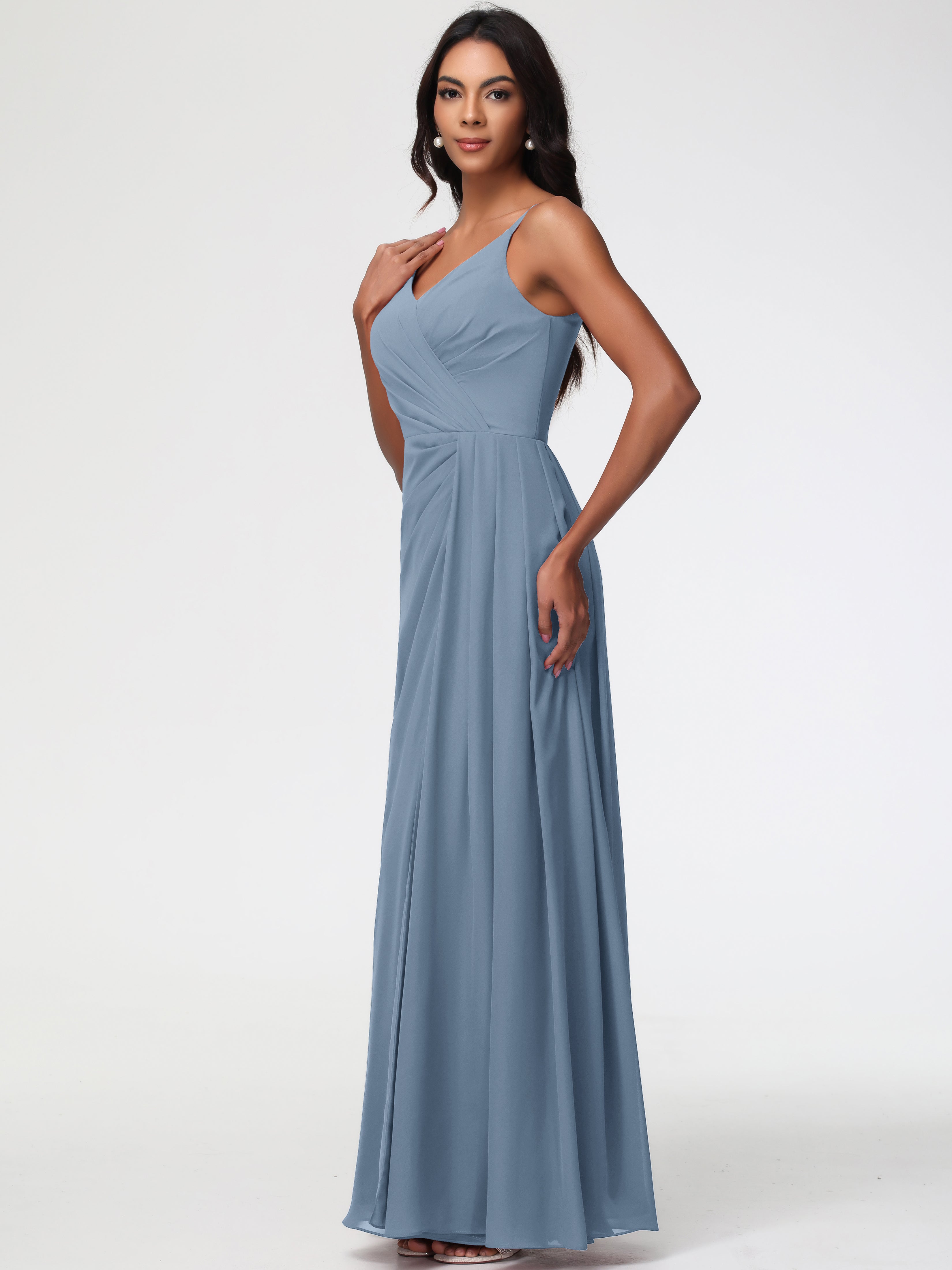 Robes De Demoiselle D'Honneur Bleu De Schiste Bretelles Spaghetti Col V Mousseline Robe Demoiselle D'Honneur Longue Plissée