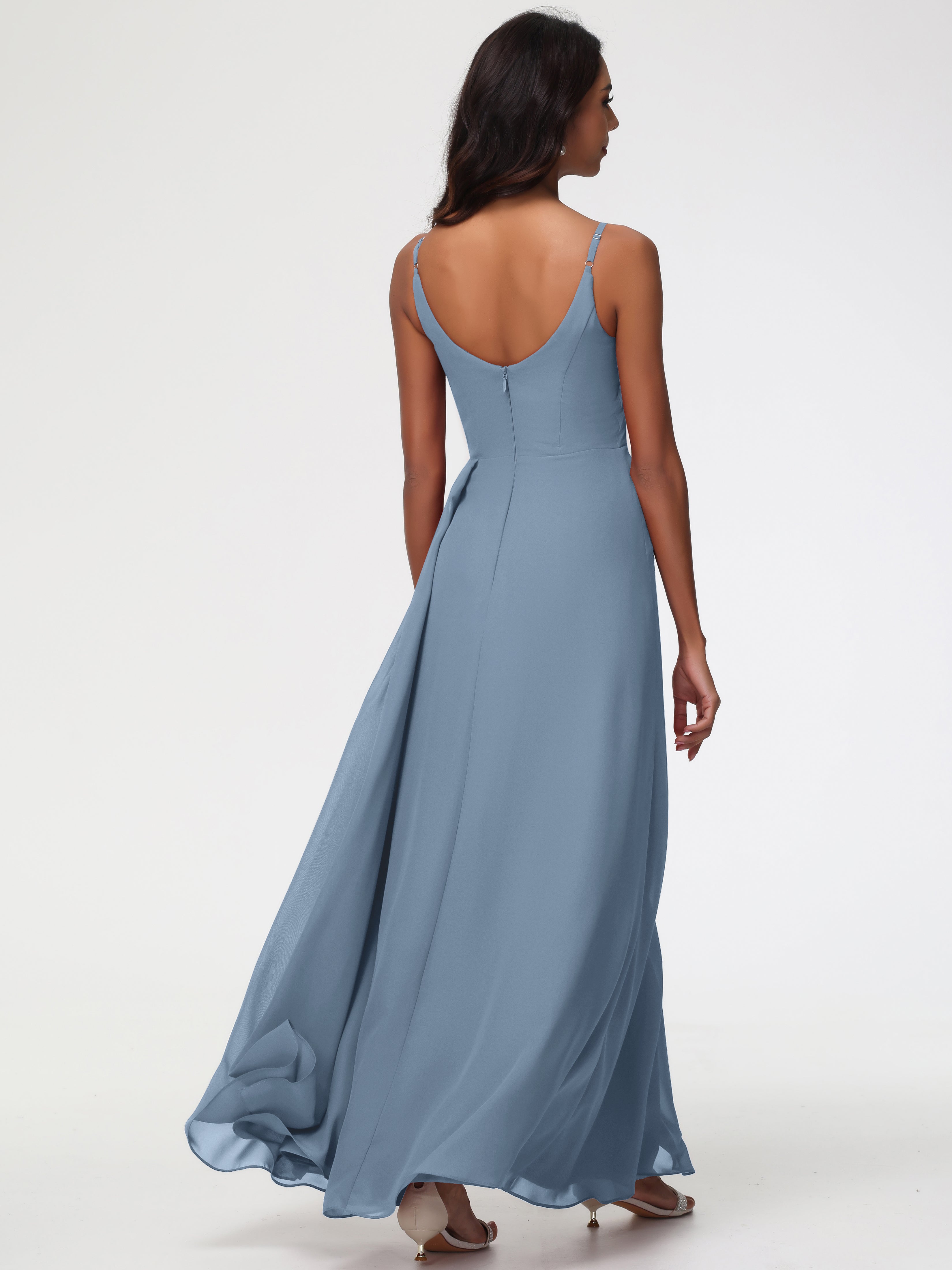 Robes De Demoiselle D'Honneur Bleu De Schiste Bretelles Spaghetti Col V Mousseline Robe Demoiselle D'Honneur Longue Plissée