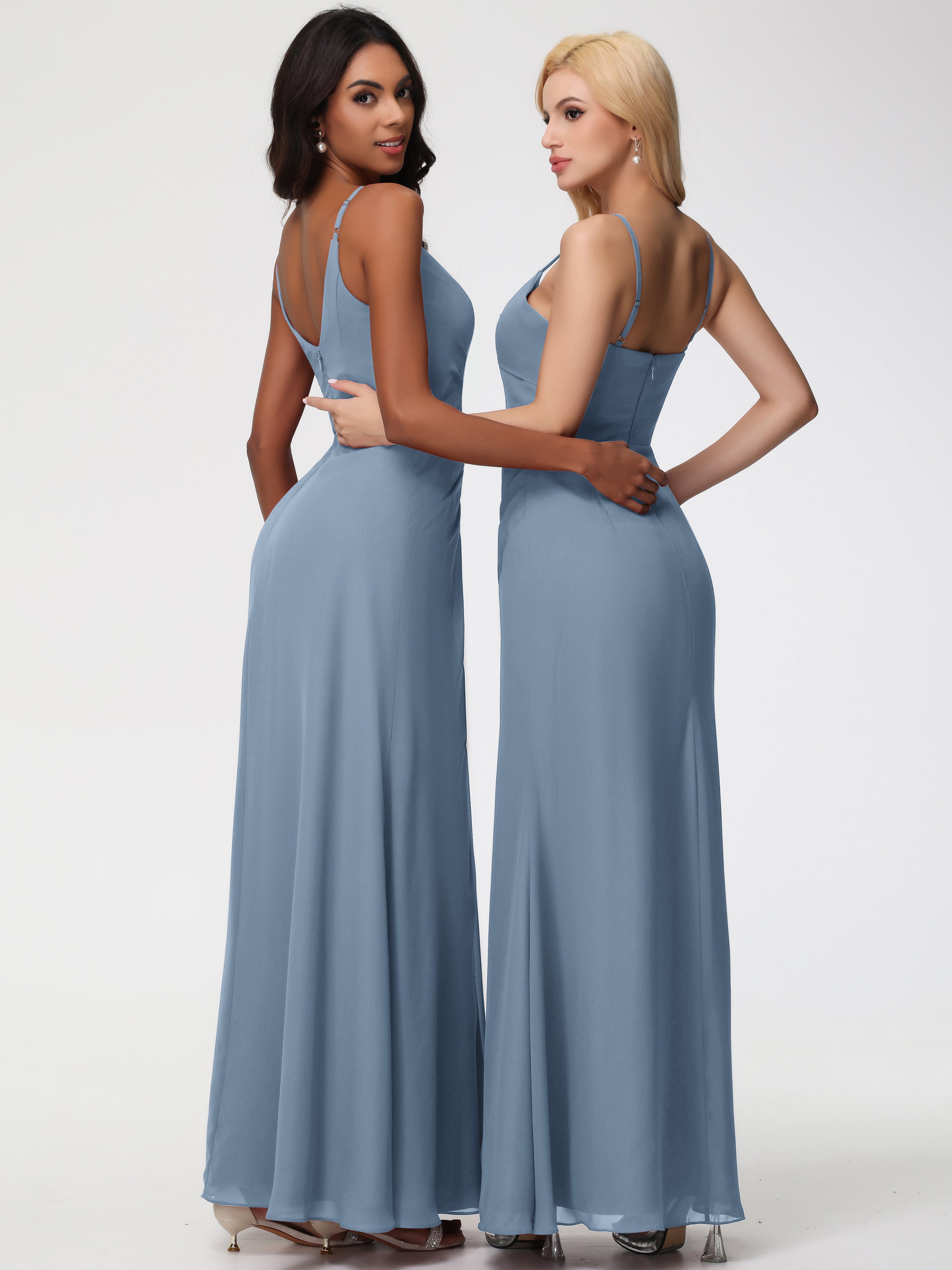 Robes De Demoiselle D'Honneur Bleu De Schiste Bretelles Spaghetti Col V Mousseline Robe Demoiselle D'Honneur Longue Plissée