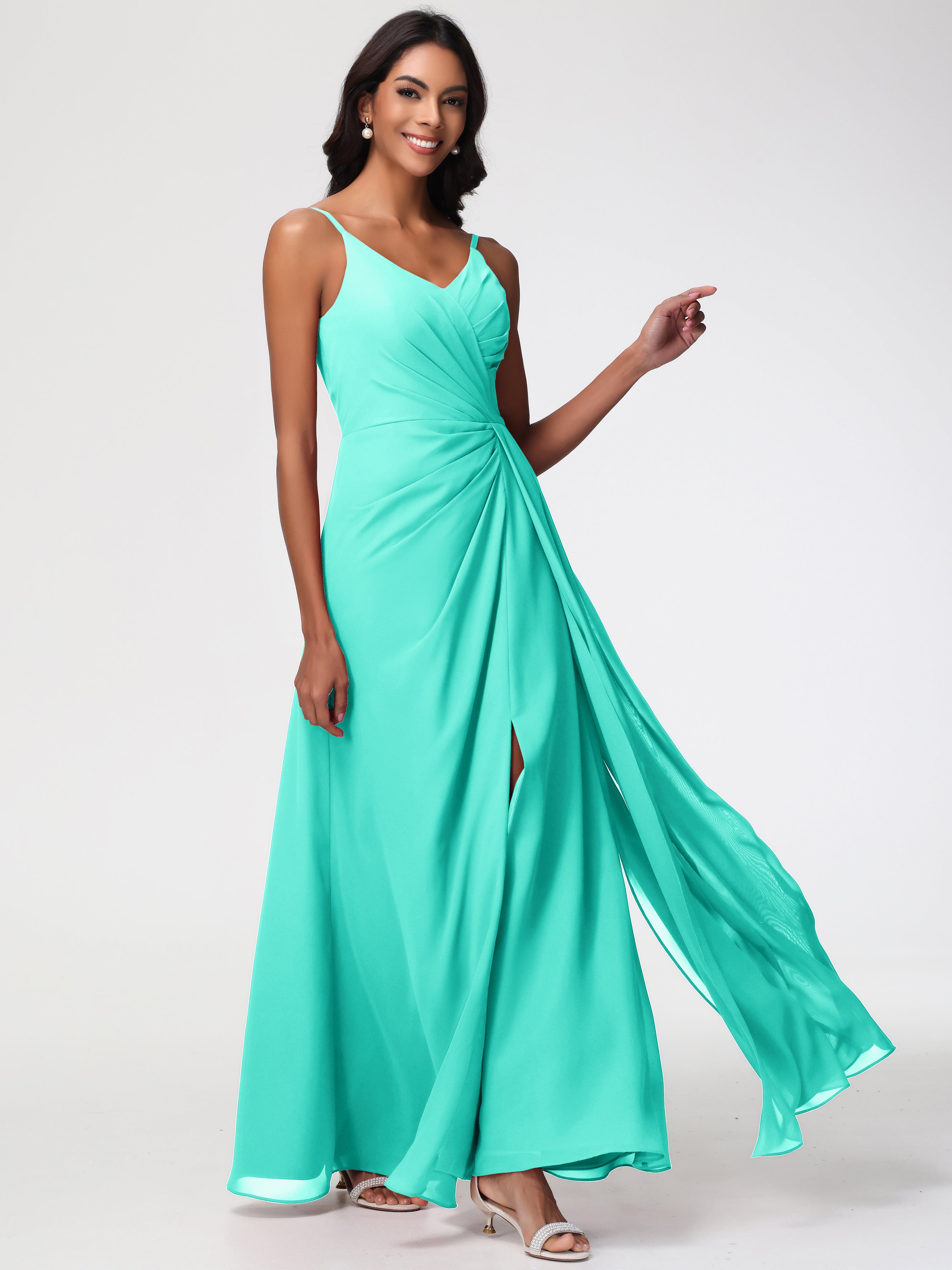 Robes De Demoiselle D'Honneur Spa Bretelles Spaghetti Col V Mousseline Robe Demoiselle D'Honneur Longue Plissée