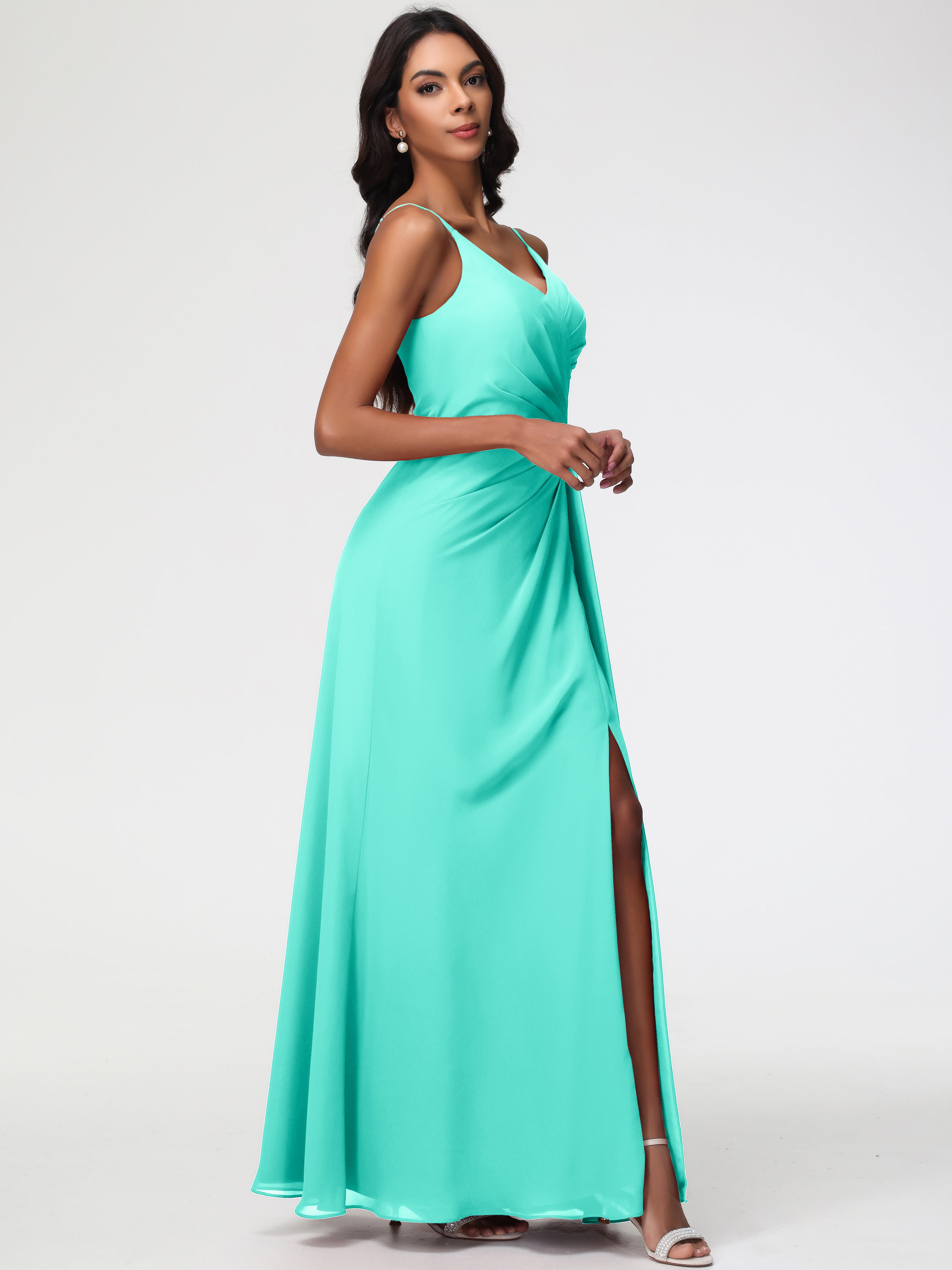 Robes De Demoiselle D'Honneur Spa Bretelles Spaghetti Col V Mousseline Robe Demoiselle D'Honneur Longue Plissée