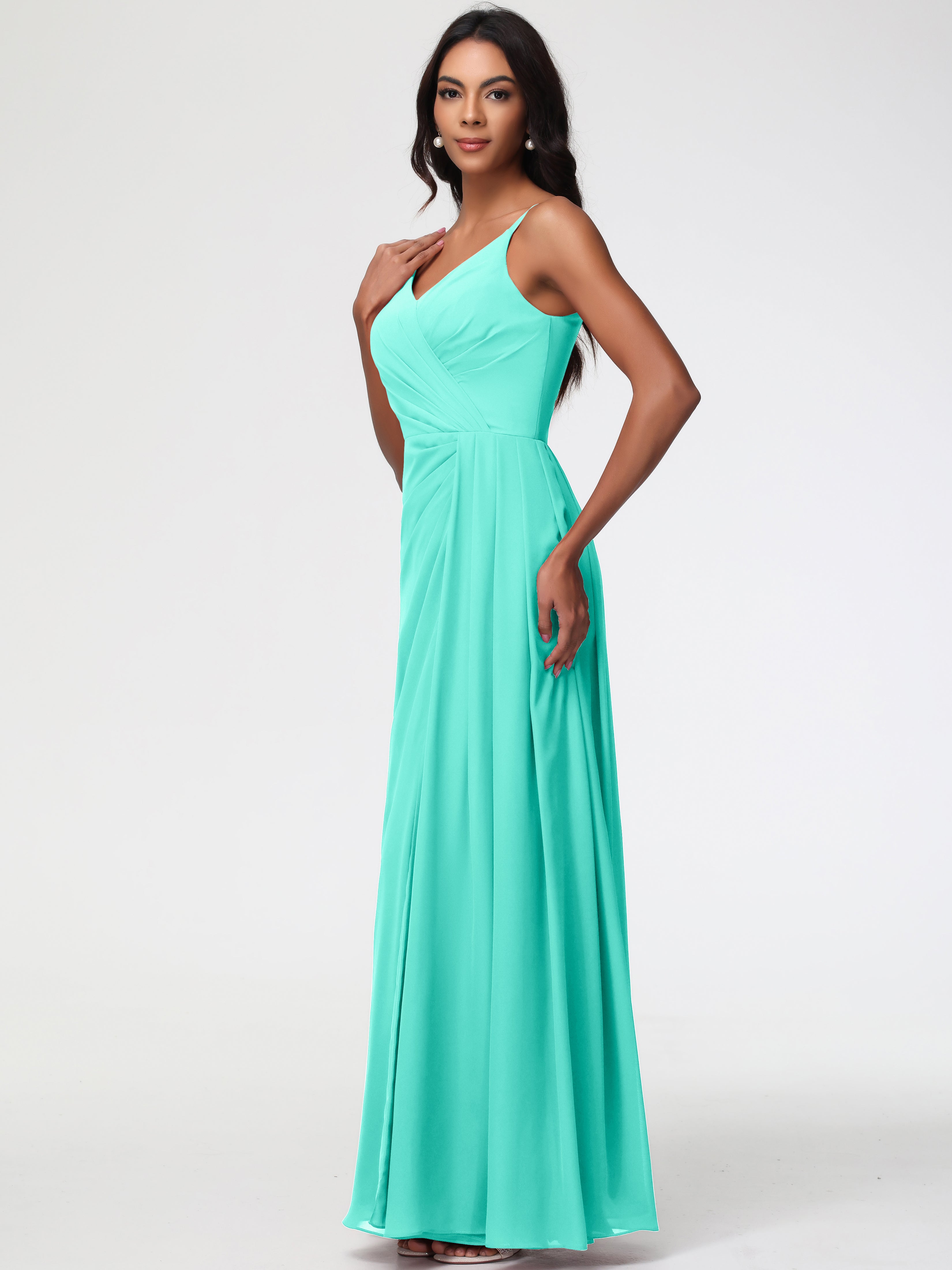 Robes De Demoiselle D'Honneur Spa Bretelles Spaghetti Col V Mousseline Robe Demoiselle D'Honneur Longue Plissée
