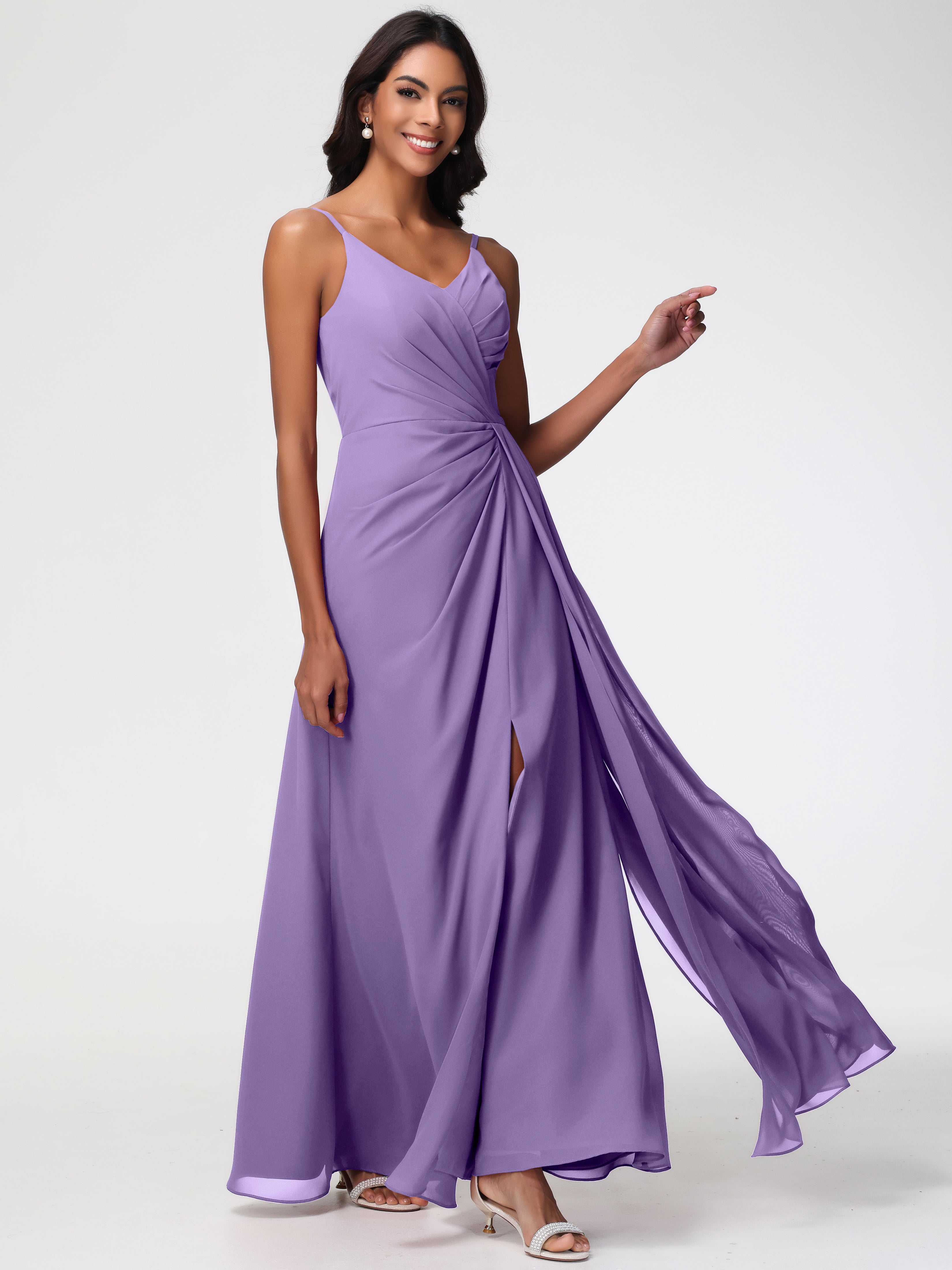 Robes De Demoiselle D'Honneur Tahiti Bretelles Spaghetti Col V Mousseline Robe Demoiselle D'Honneur Longue Plissée