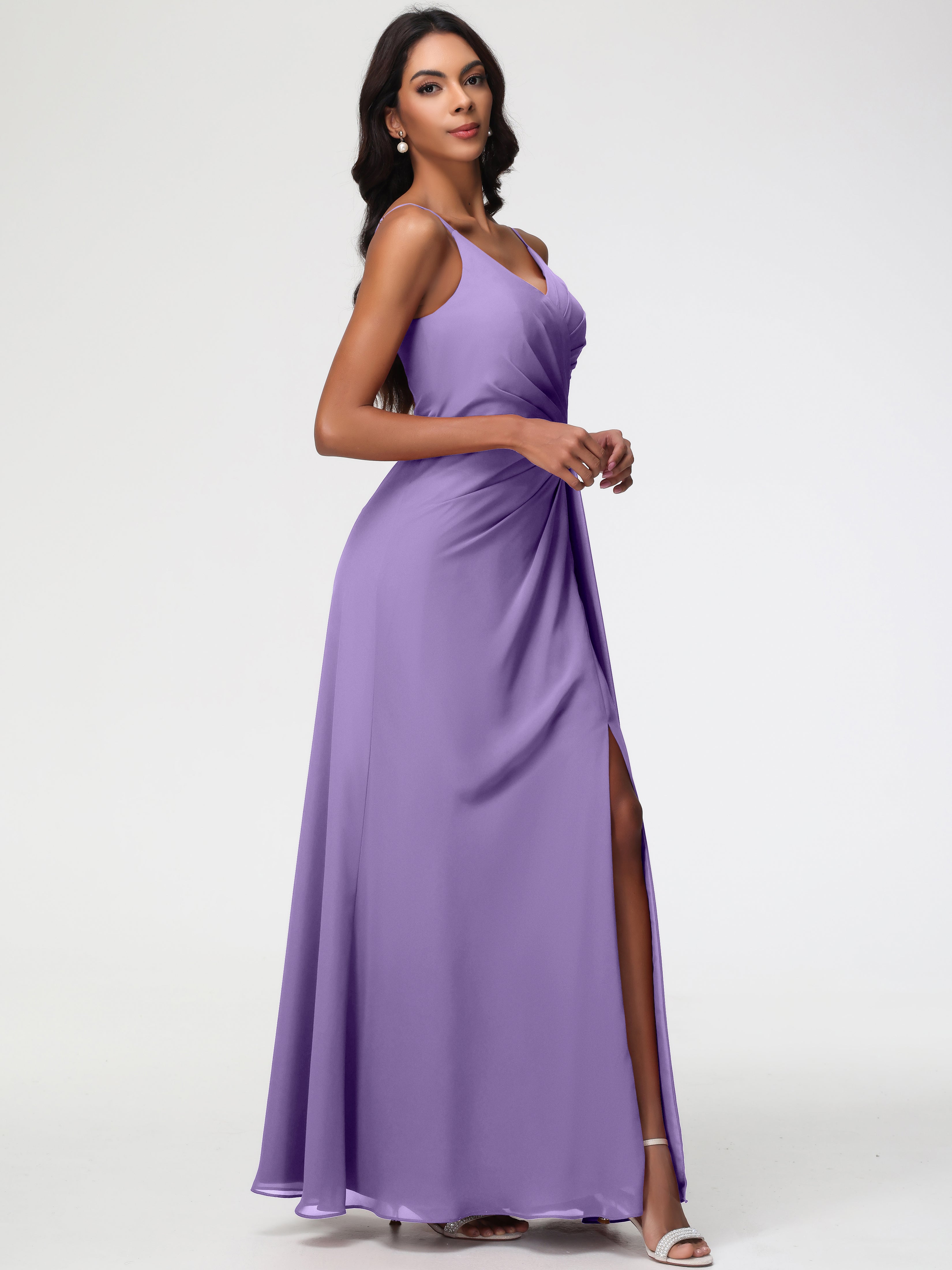 Robes De Demoiselle D'Honneur Tahiti Bretelles Spaghetti Col V Mousseline Robe Demoiselle D'Honneur Longue Plissée
