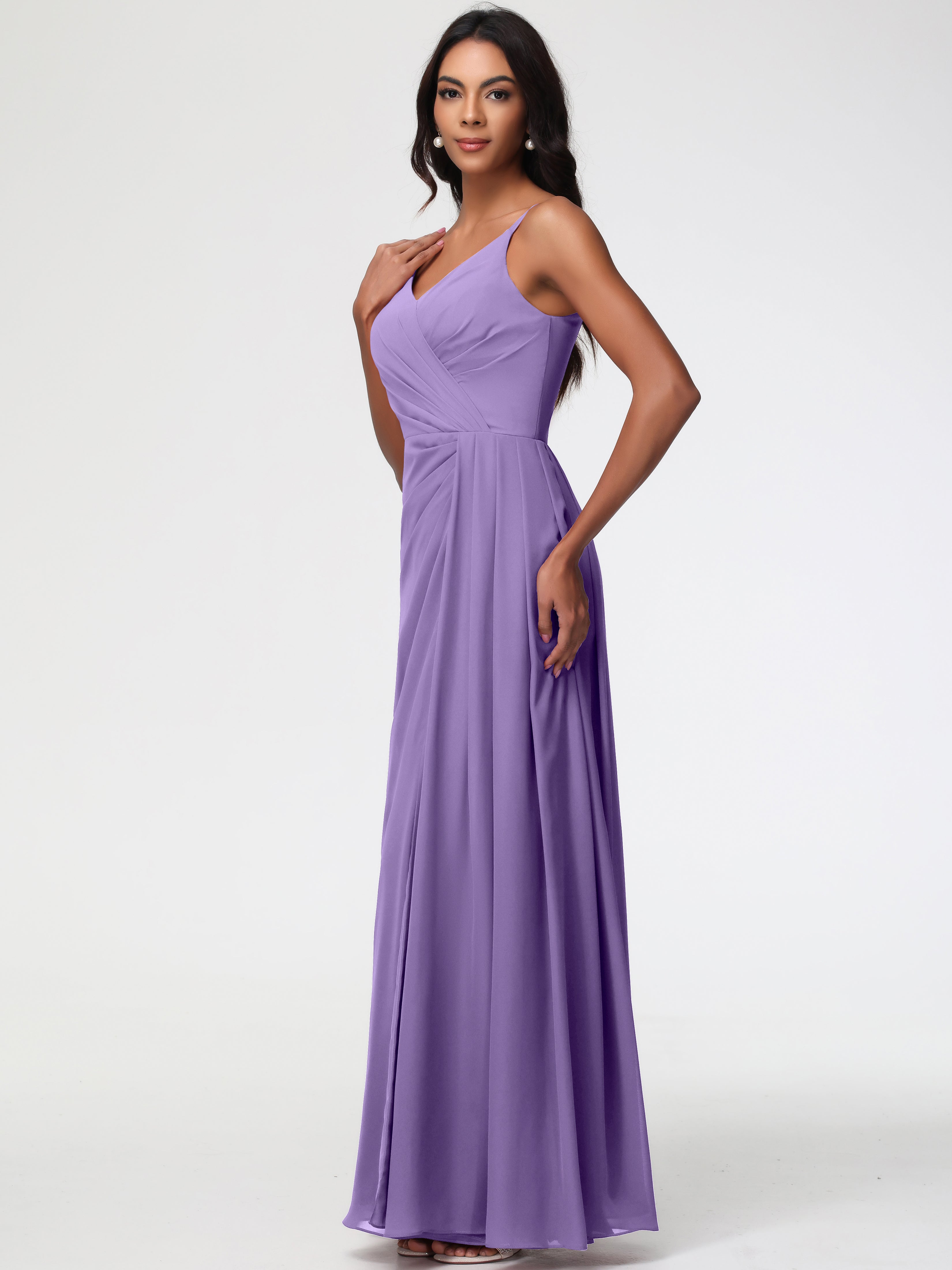 Robes De Demoiselle D'Honneur Tahiti Bretelles Spaghetti Col V Mousseline Robe Demoiselle D'Honneur Longue Plissée