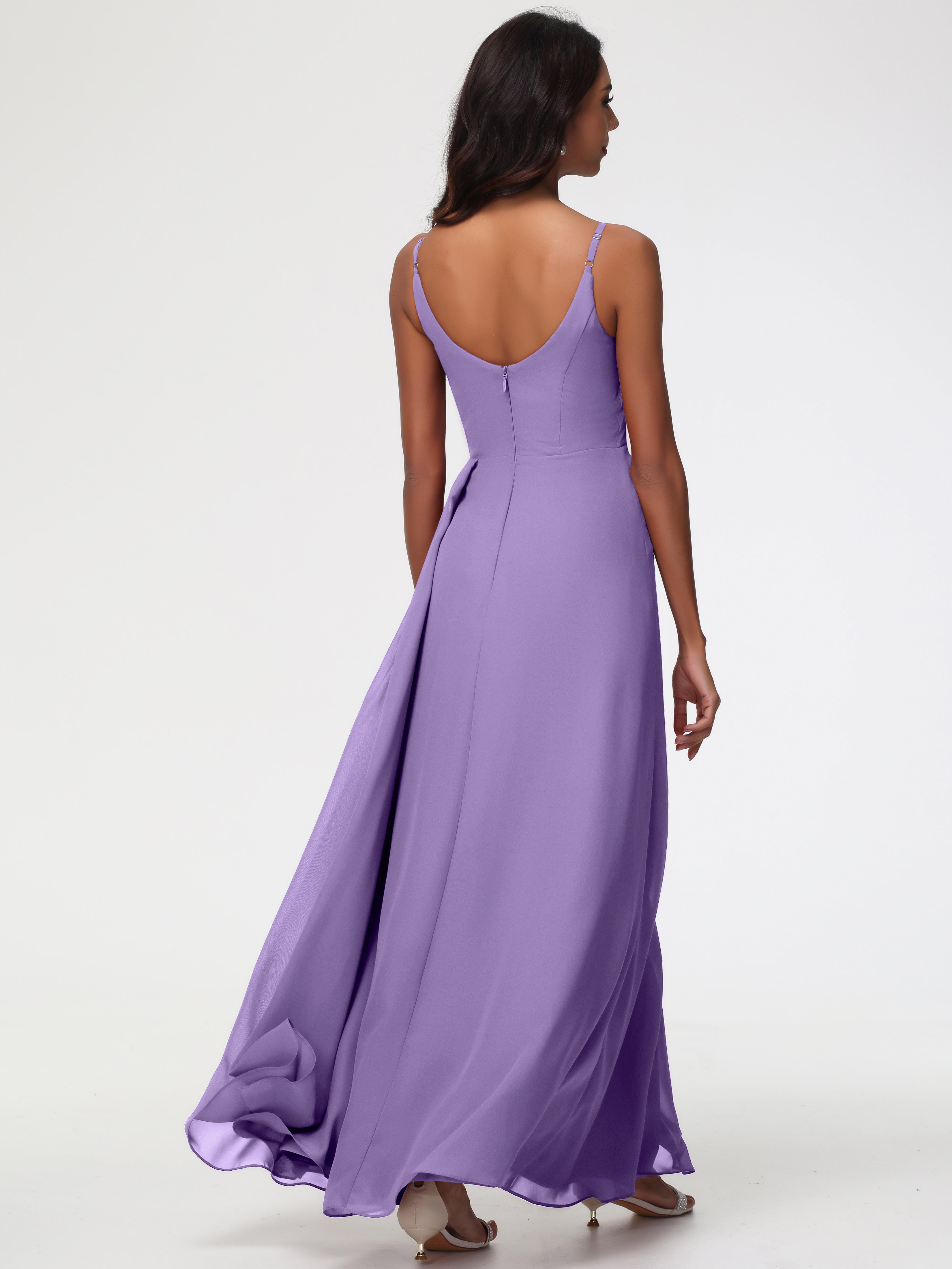 Robes De Demoiselle D'Honneur Tahiti Bretelles Spaghetti Col V Mousseline Robe Demoiselle D'Honneur Longue Plissée