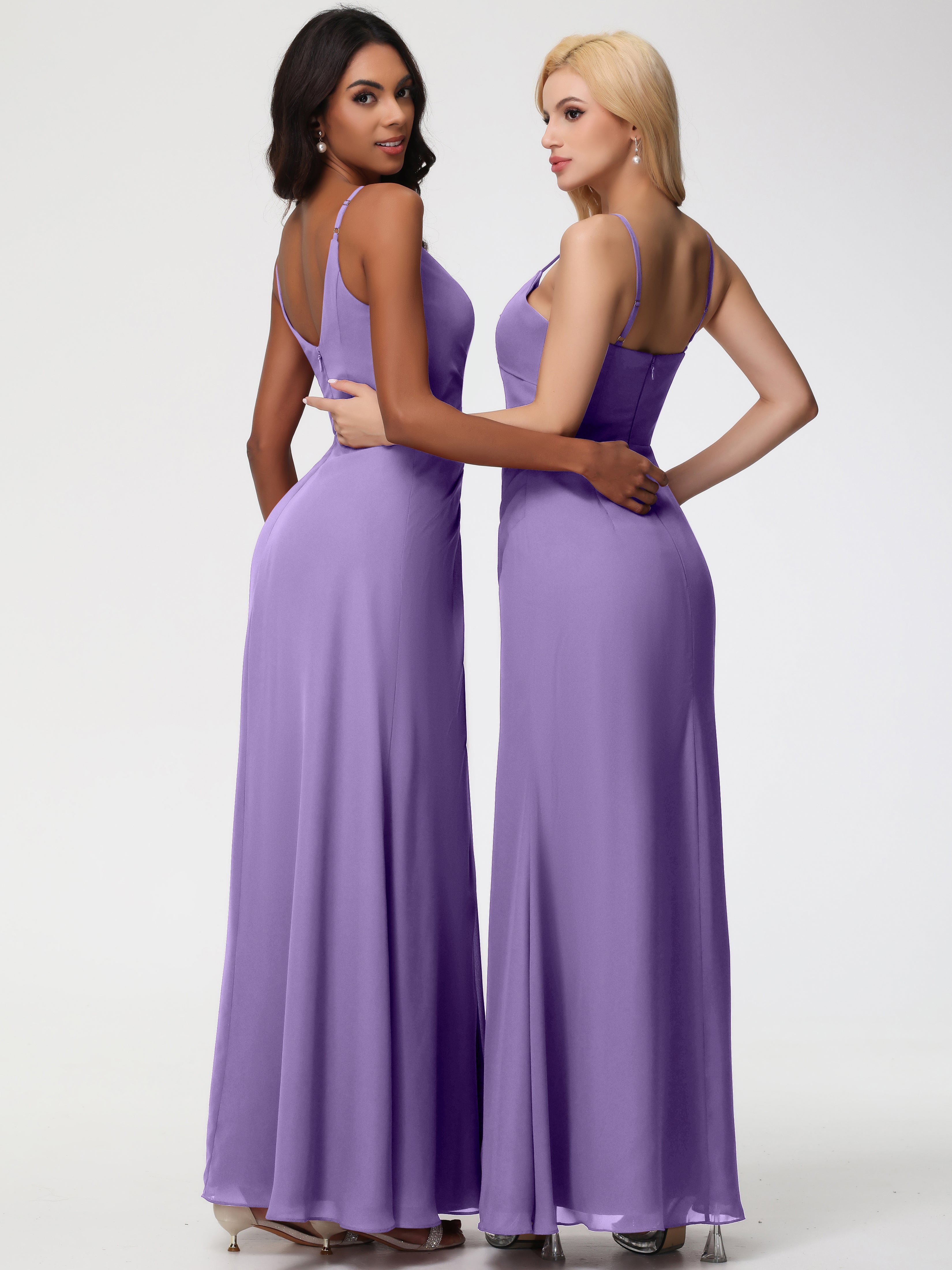 Robes De Demoiselle D'Honneur Tahiti Bretelles Spaghetti Col V Mousseline Robe Demoiselle D'Honneur Longue Plissée