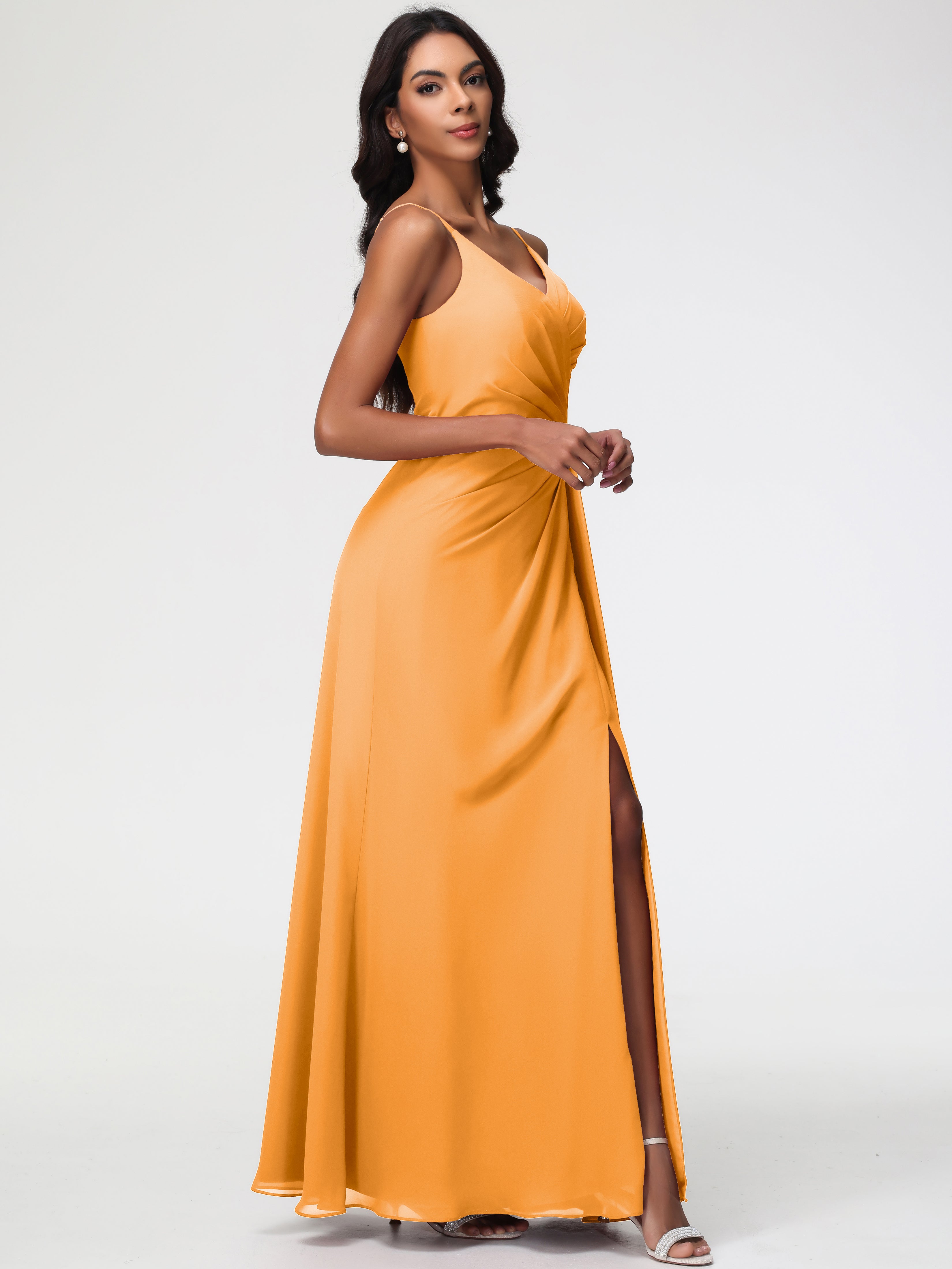 Robes De Demoiselle D'Honneur Mandarine Bretelles Spaghetti Col V Mousseline Robe Demoiselle D'Honneur Longue Plissée