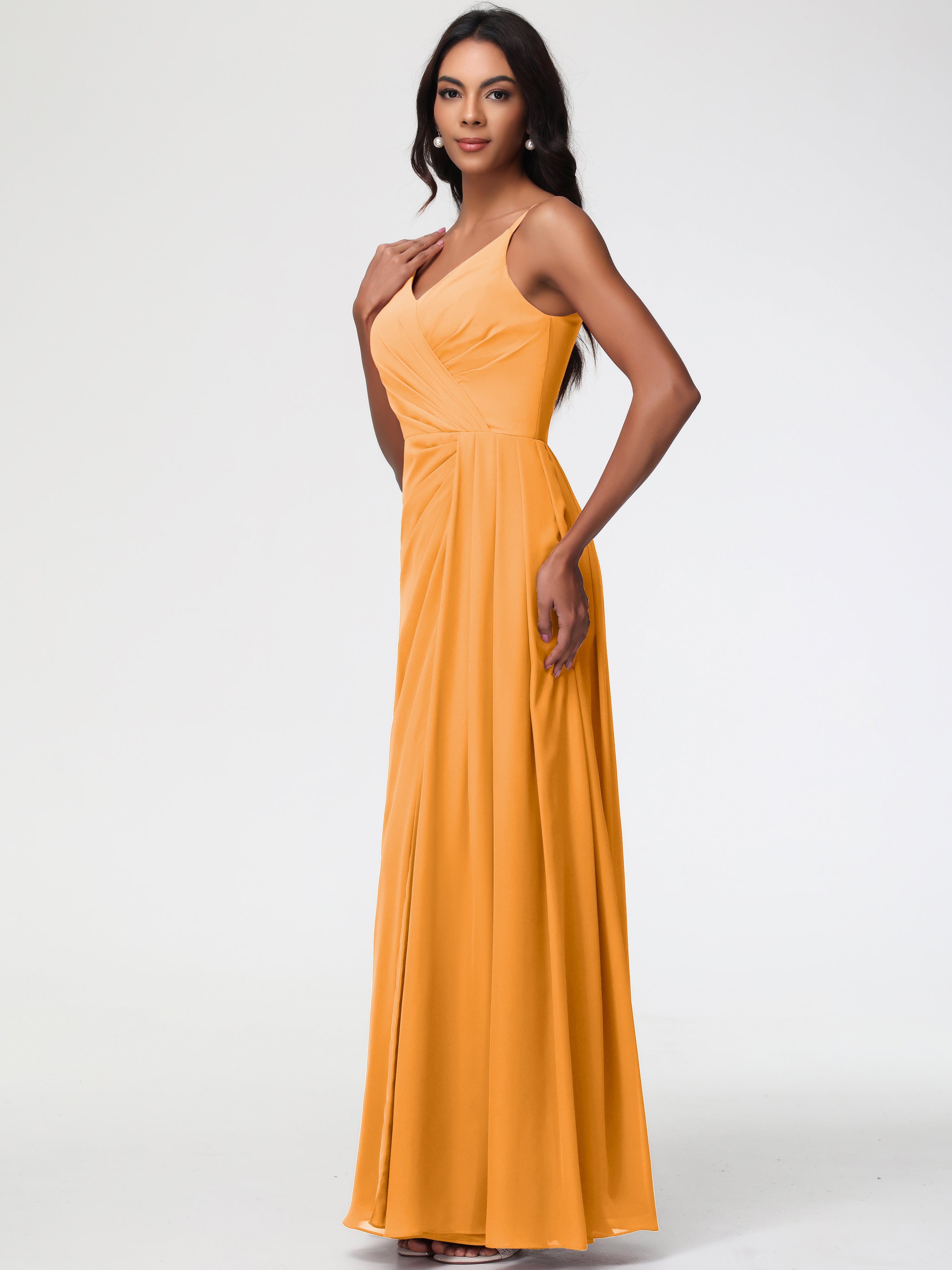 Robes De Demoiselle D'Honneur Mandarine Bretelles Spaghetti Col V Mousseline Robe Demoiselle D'Honneur Longue Plissée