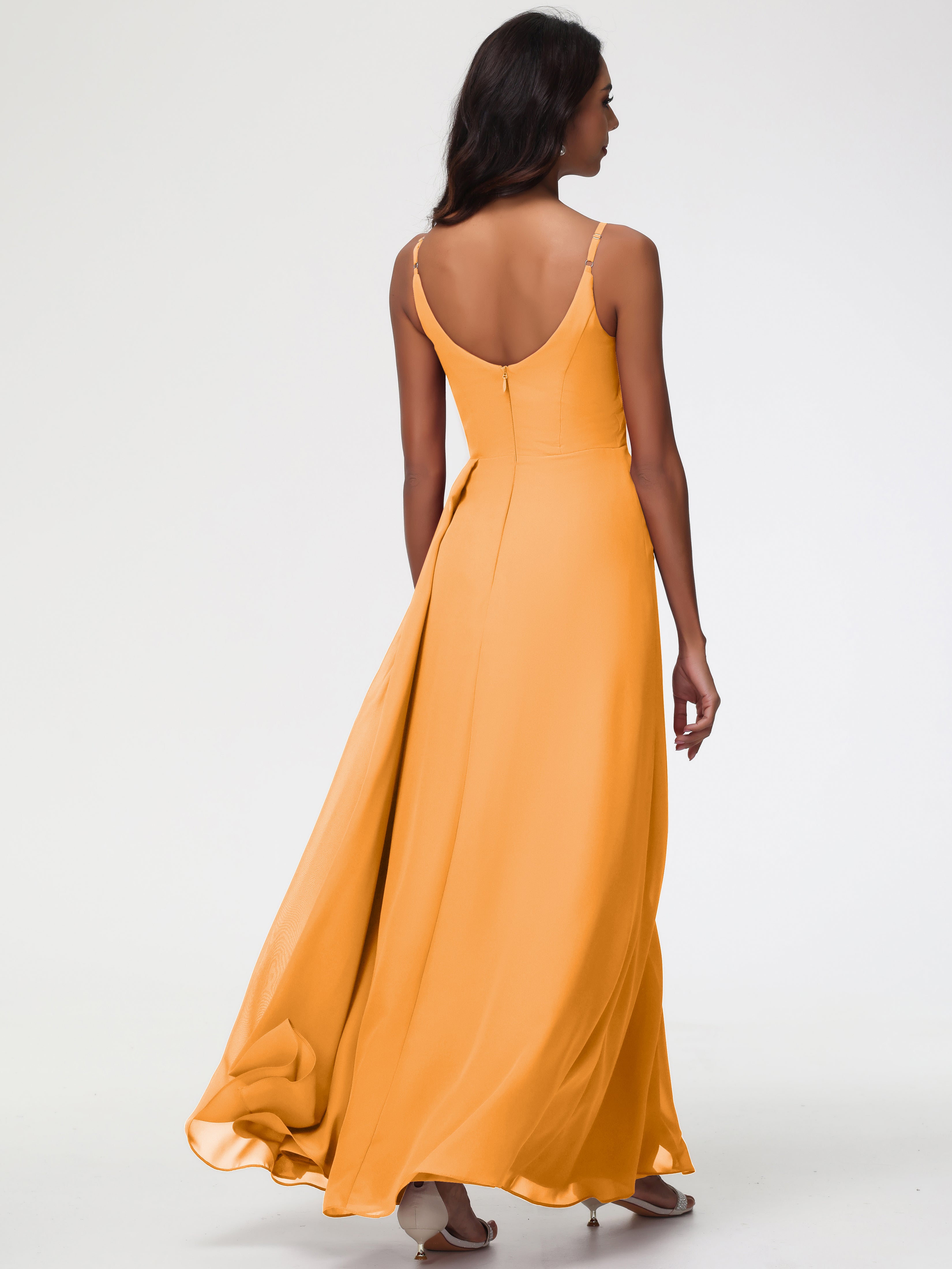 Robes De Demoiselle D'Honneur Mandarine Bretelles Spaghetti Col V Mousseline Robe Demoiselle D'Honneur Longue Plissée