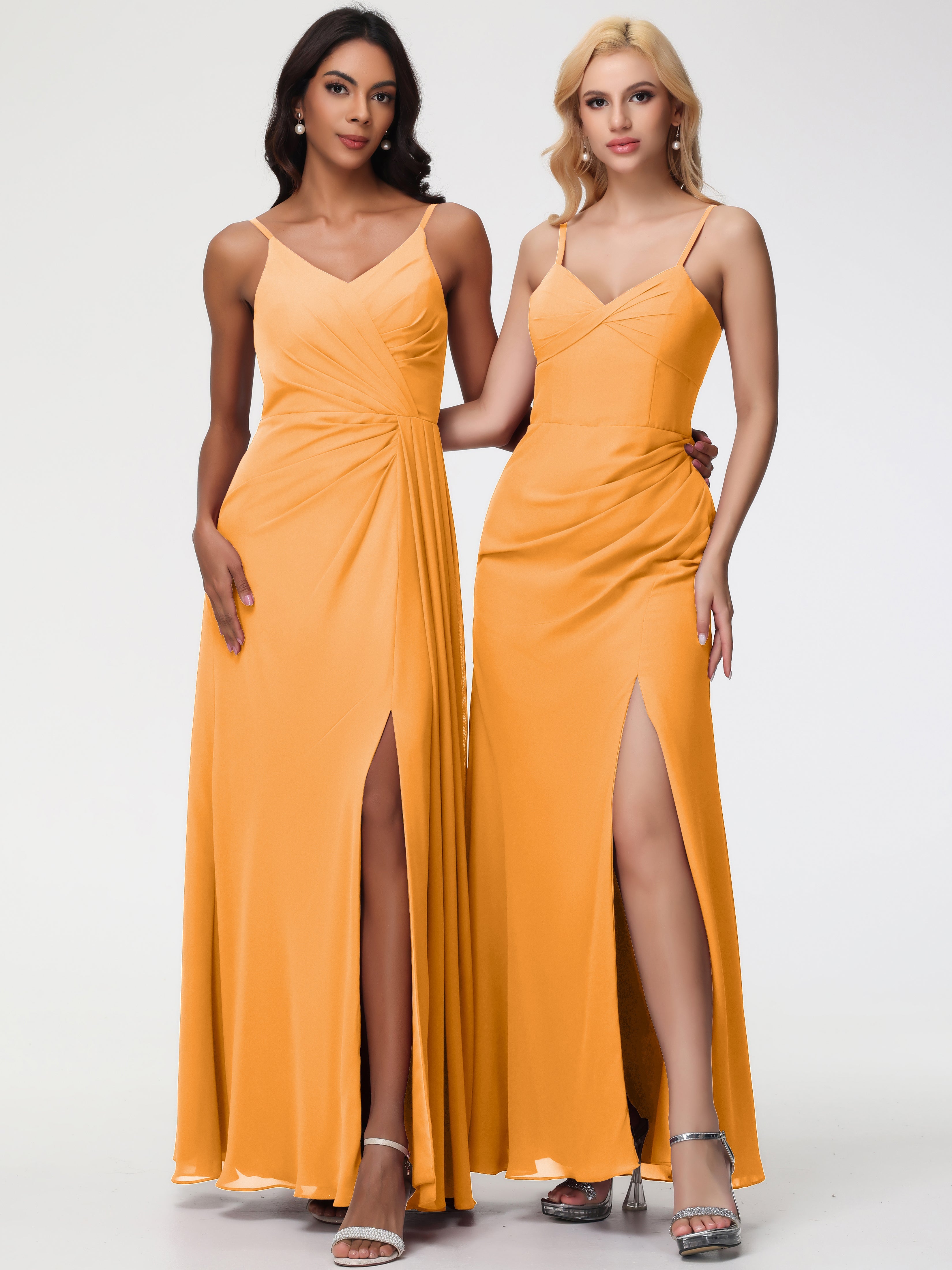 Robes De Demoiselle D'Honneur Mandarine Bretelles Spaghetti Col V Mousseline Robe Demoiselle D'Honneur Longue Plissée