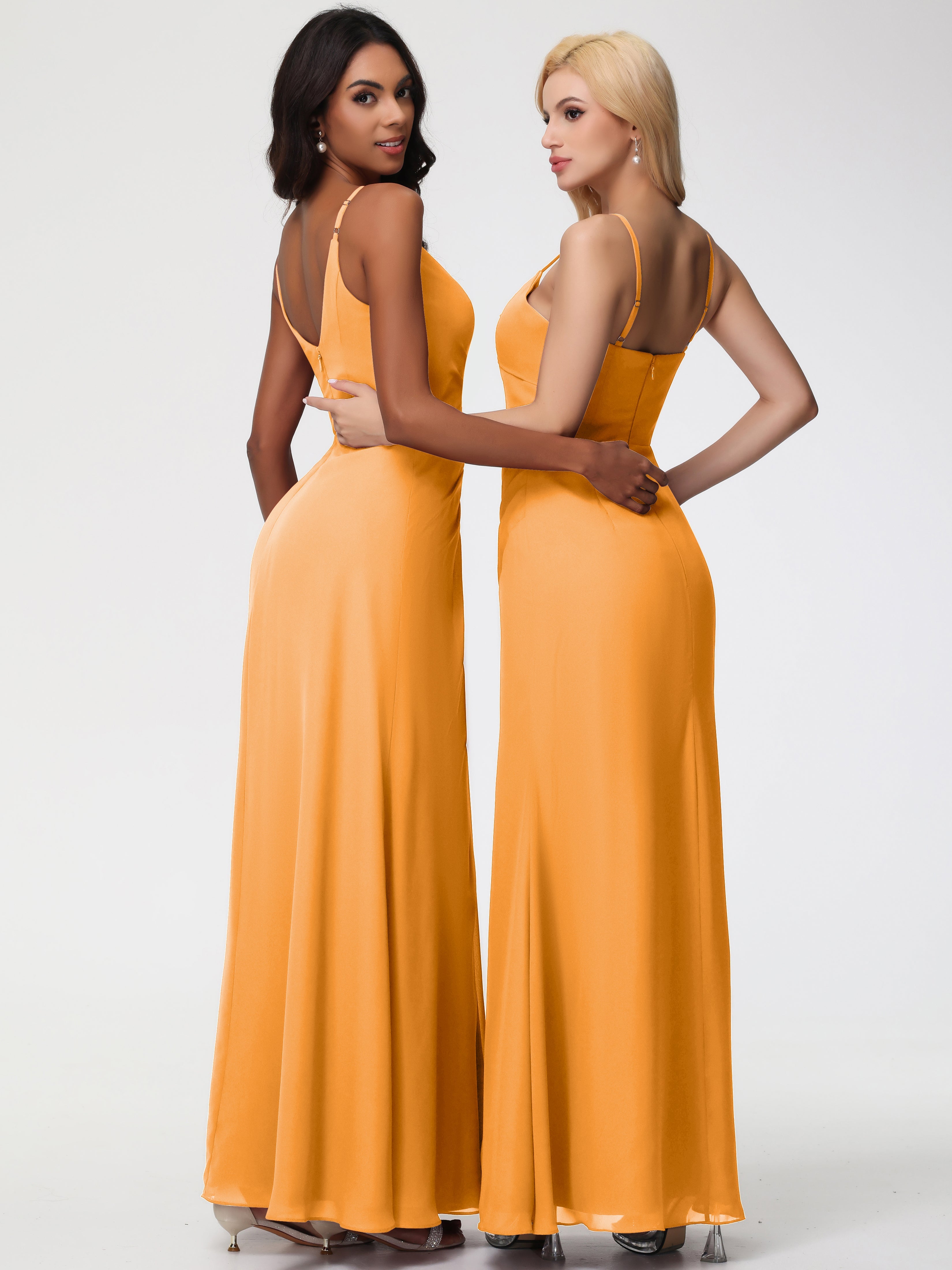 Robes De Demoiselle D'Honneur Mandarine Bretelles Spaghetti Col V Mousseline Robe Demoiselle D'Honneur Longue Plissée