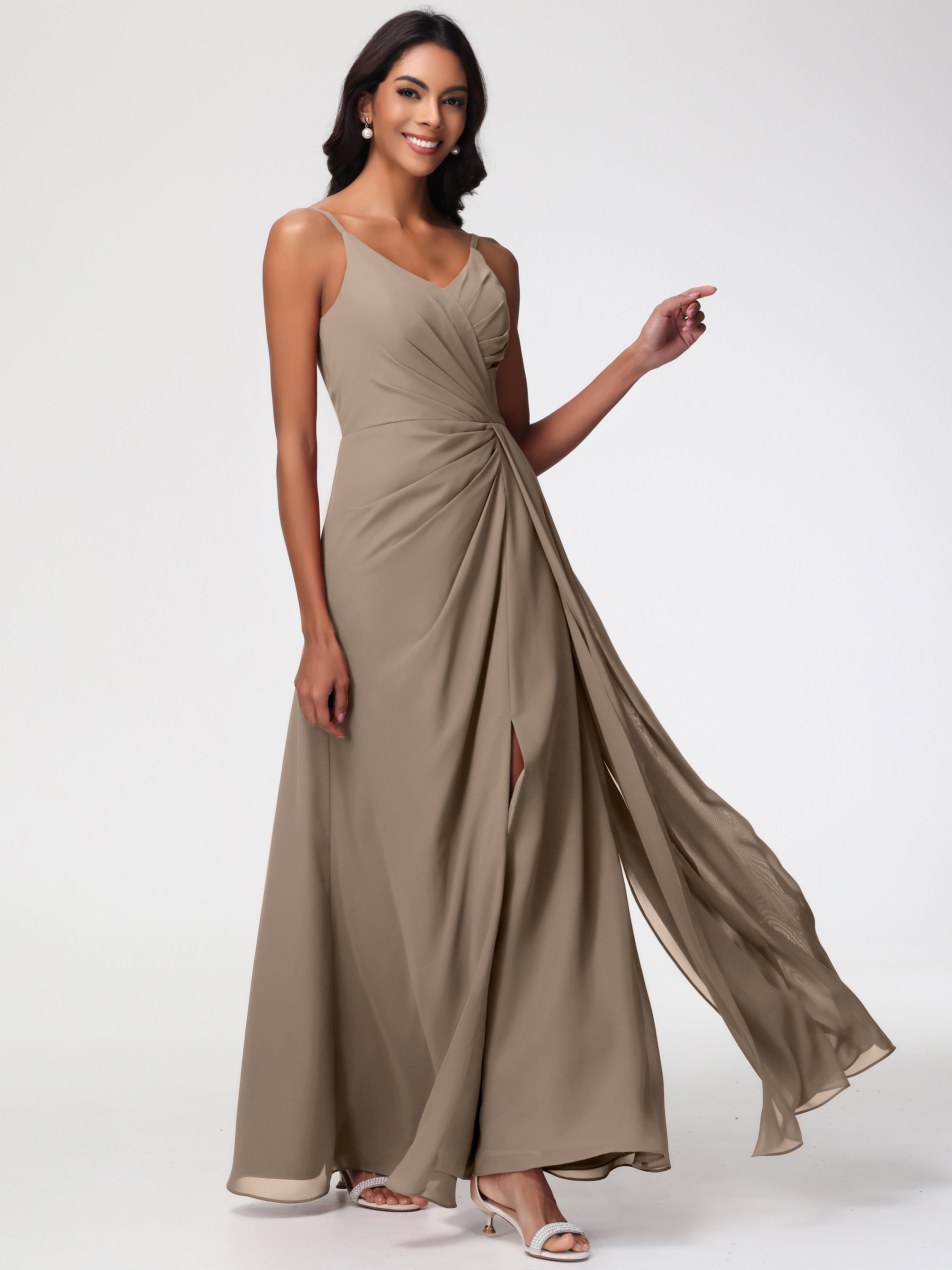 Couleur Taupe Robe Bretelles Spaghetti Col V Mousseline Robe Demoiselle D'Honneur Longue Plissée