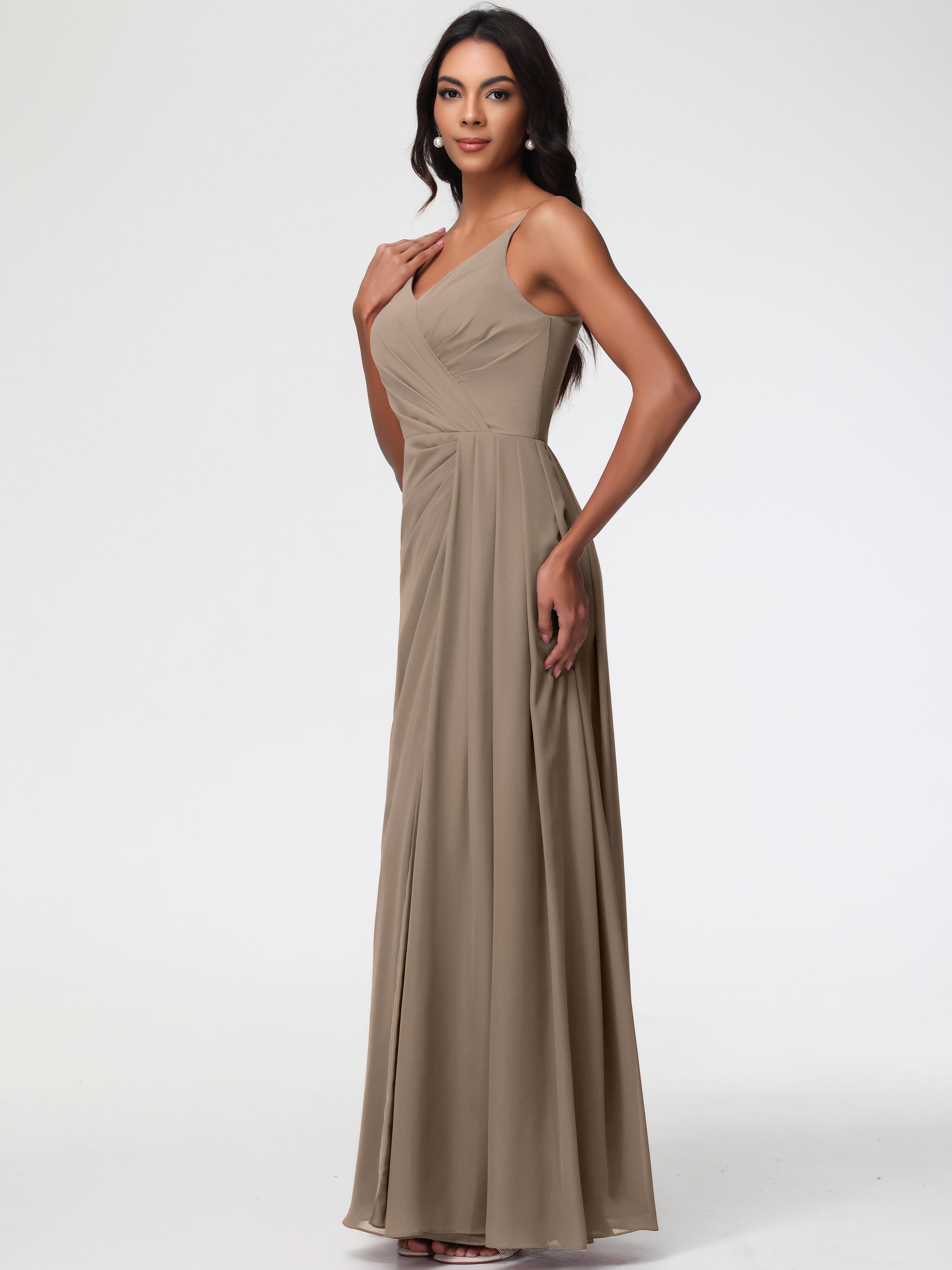 Couleur Taupe Robe Bretelles Spaghetti Col V Mousseline Robe Demoiselle D'Honneur Longue Plissée