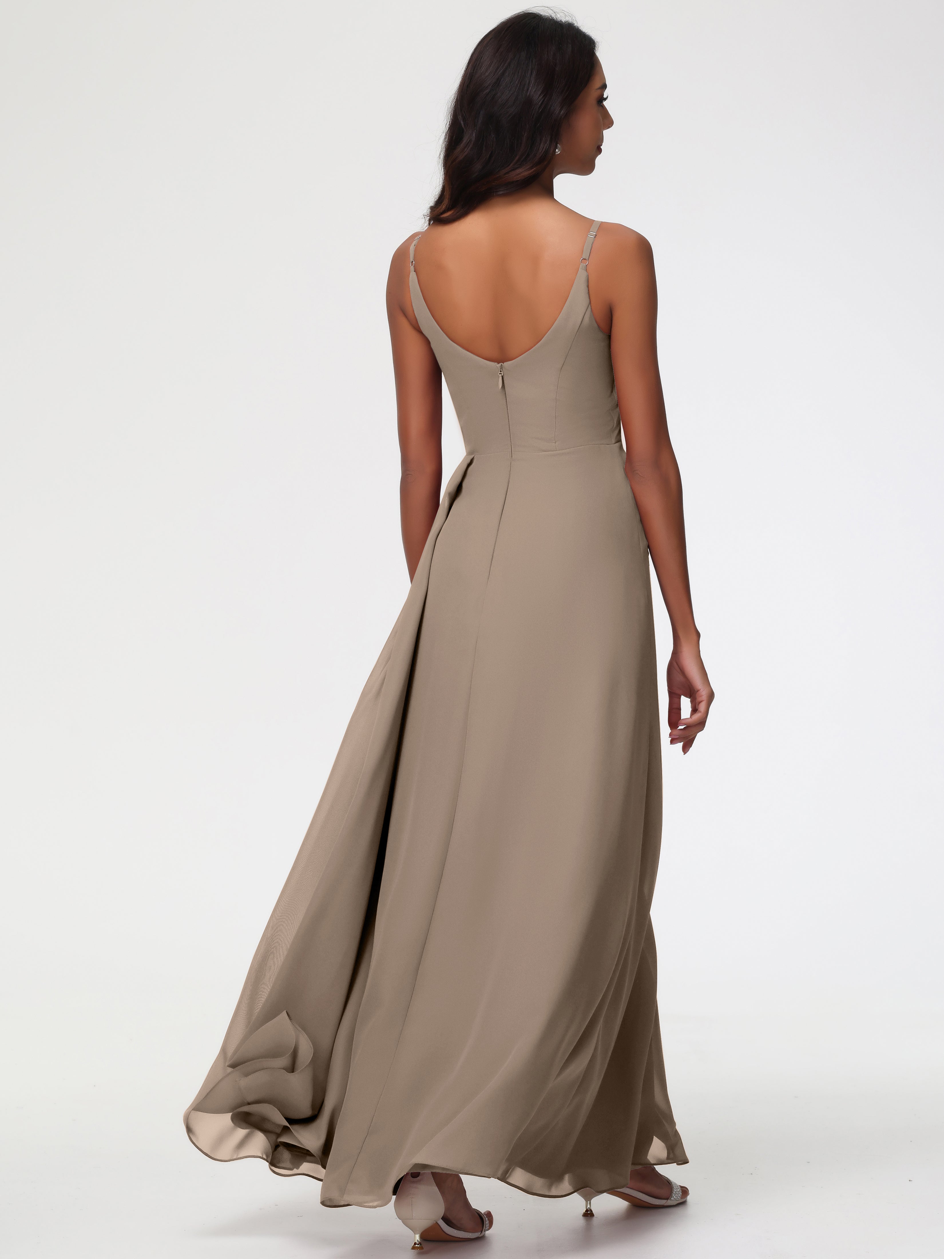 Couleur Taupe Robe Bretelles Spaghetti Col V Mousseline Robe Demoiselle D'Honneur Longue Plissée