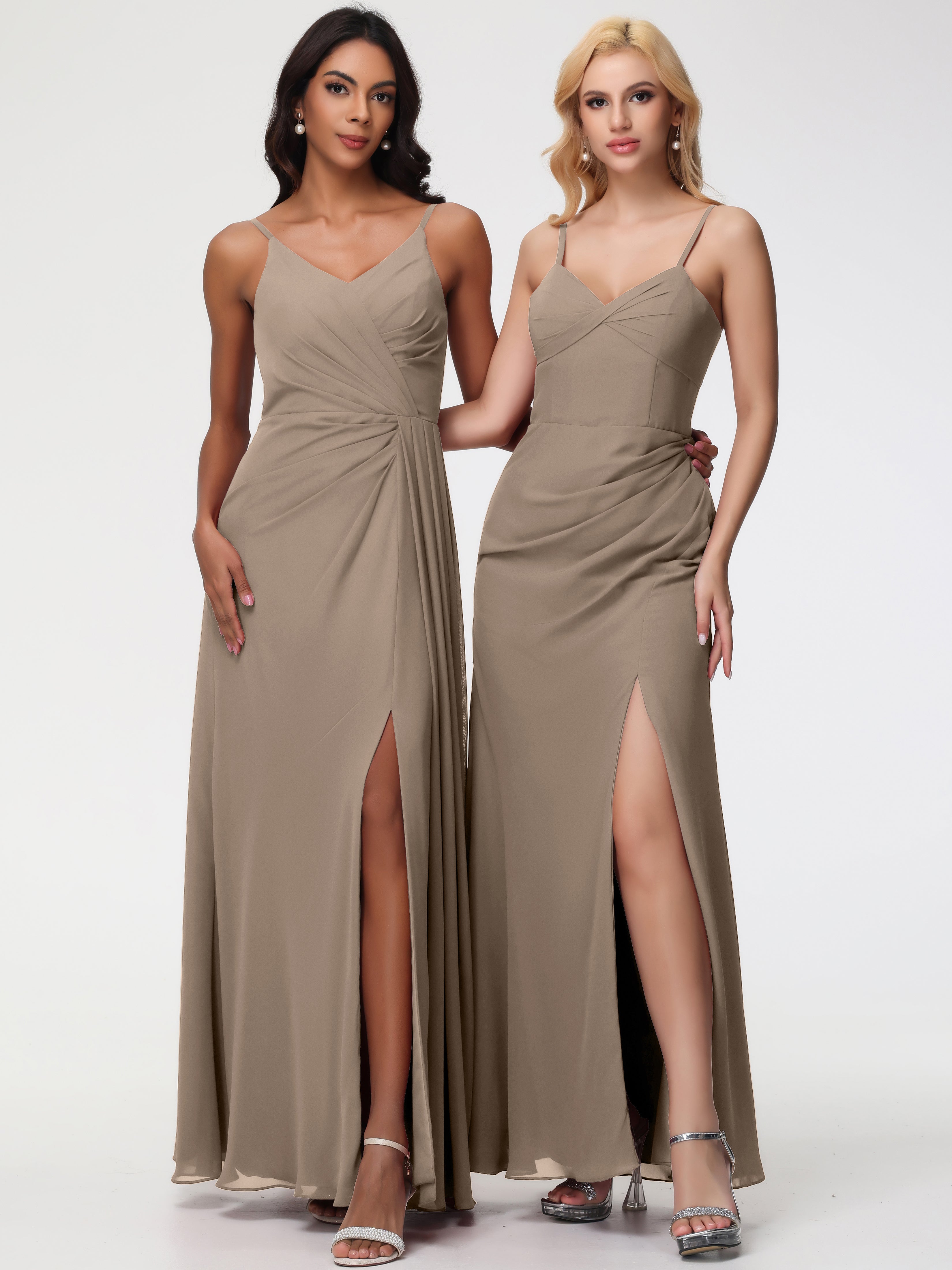 Couleur Taupe Robe Bretelles Spaghetti Col V Mousseline Robe Demoiselle D'Honneur Longue Plissée