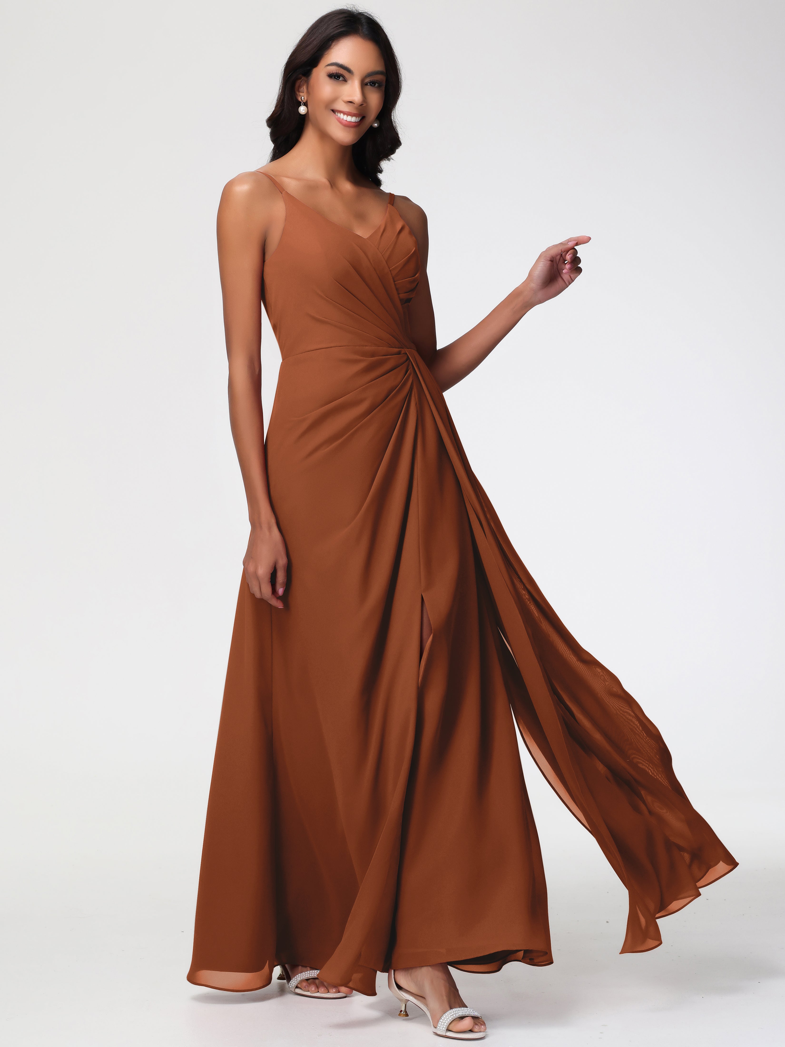 Demoiselle Robe Terracotta Mariage Bretelles Spaghetti Col V Mousseline Robe Demoiselle D'Honneur Longue Plissée