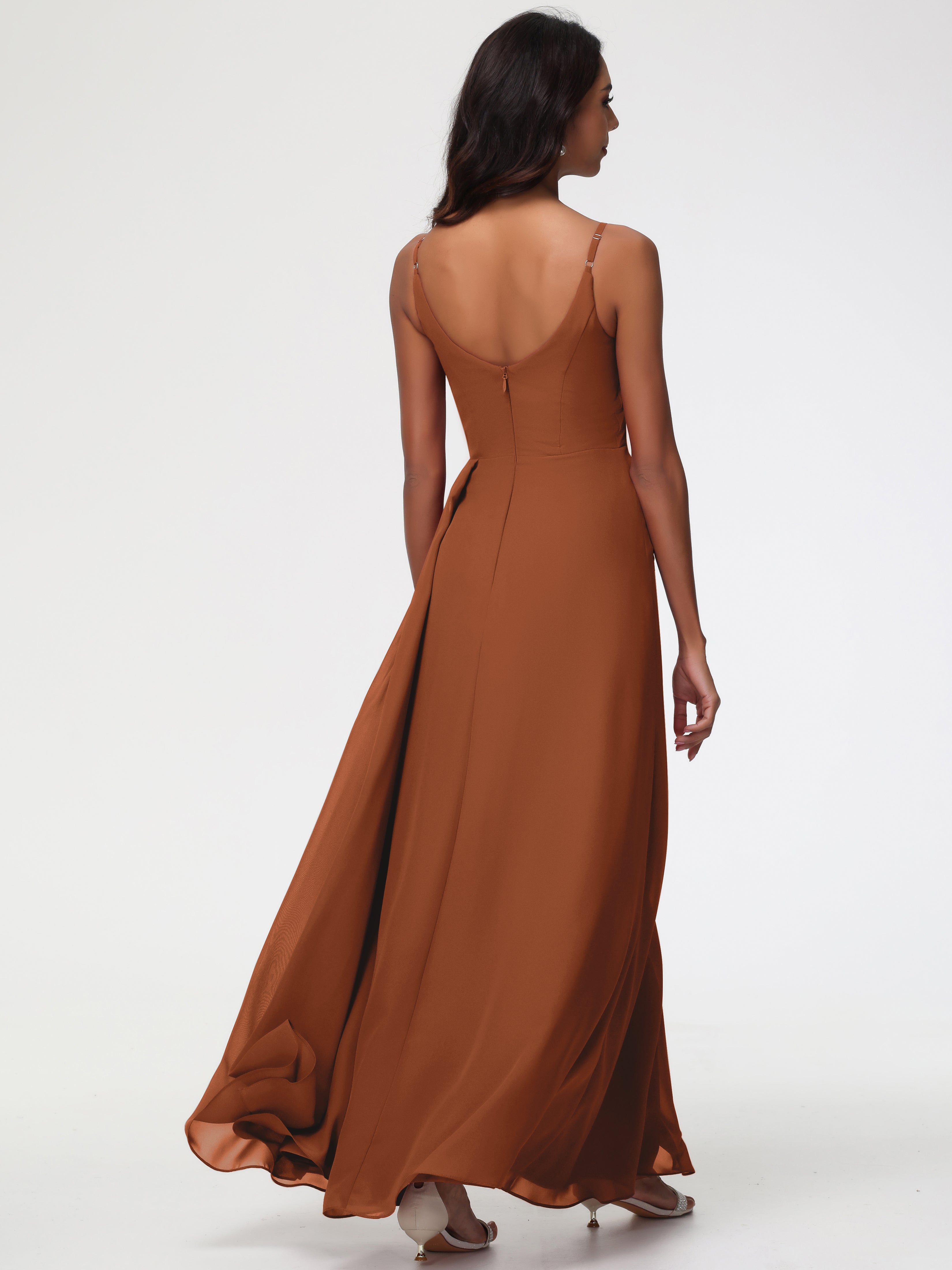 Demoiselle Robe Terracotta Mariage Bretelles Spaghetti Col V Mousseline Robe Demoiselle D'Honneur Longue Plissée