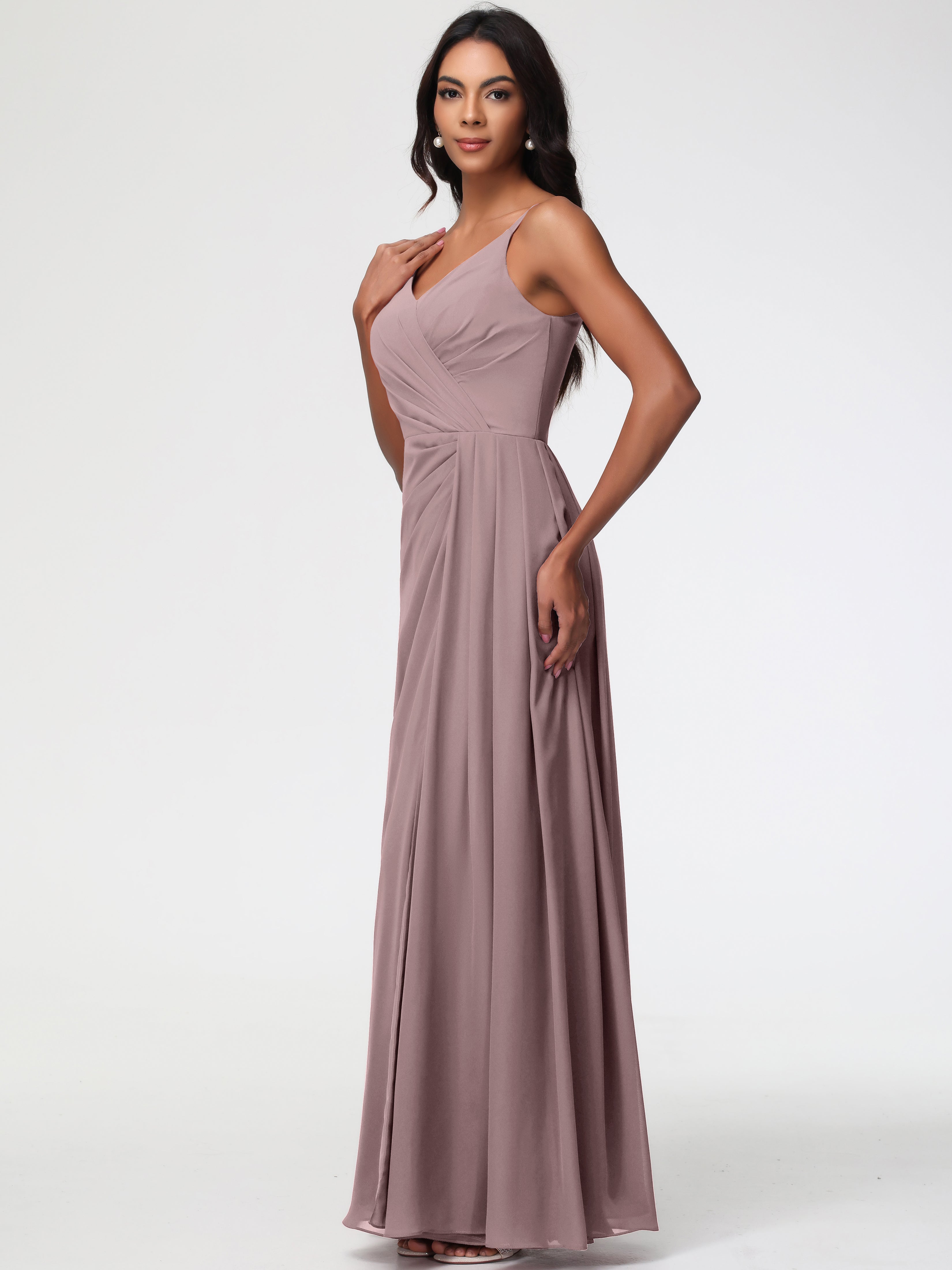Robes De Demoiselle D'Honneur Mauve Foncé Bretelles Spaghetti Col V Mousseline Robe Demoiselle D'Honneur Longue Plissée