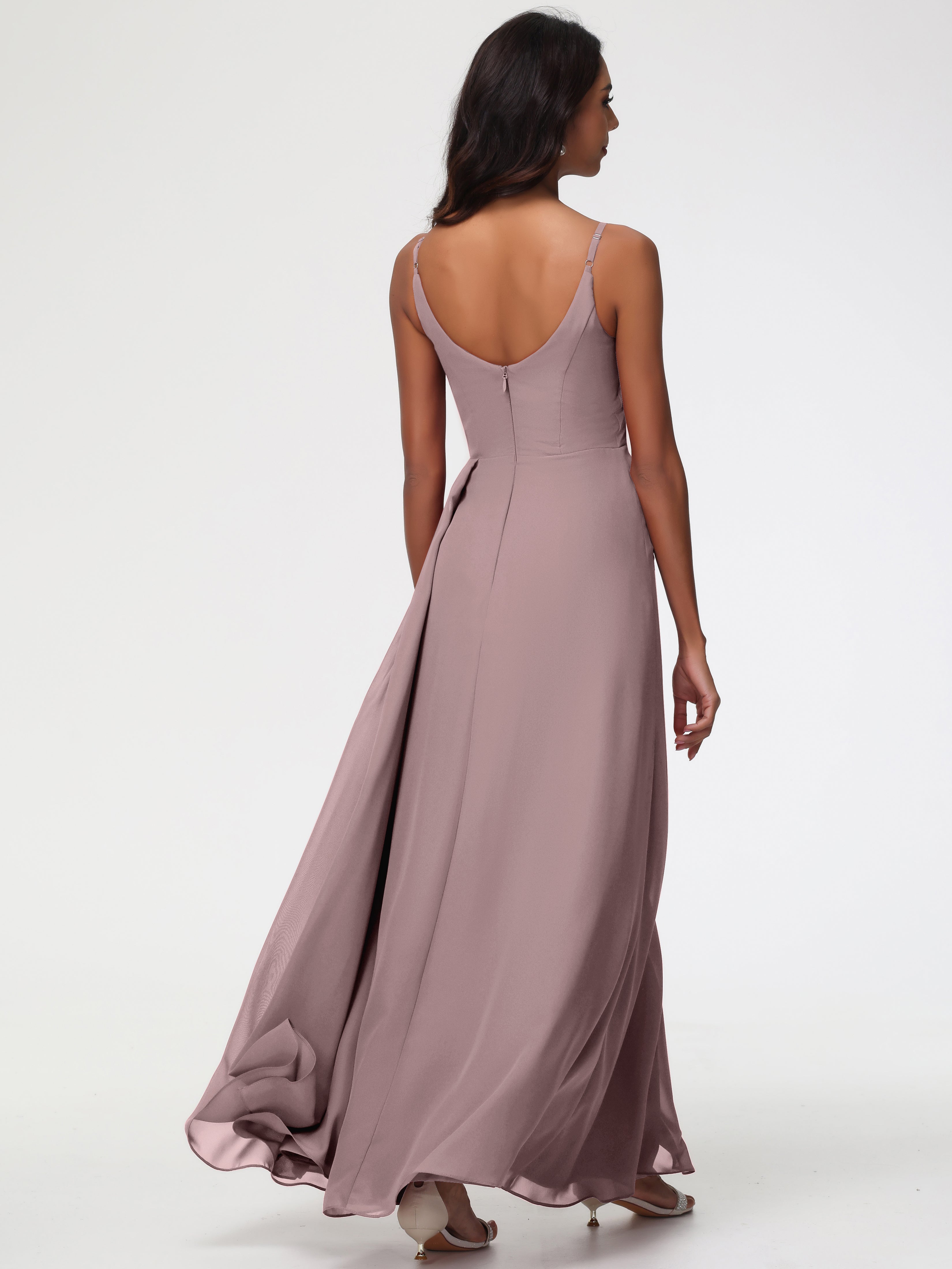 Robes De Demoiselle D'Honneur Mauve Foncé Bretelles Spaghetti Col V Mousseline Robe Demoiselle D'Honneur Longue Plissée