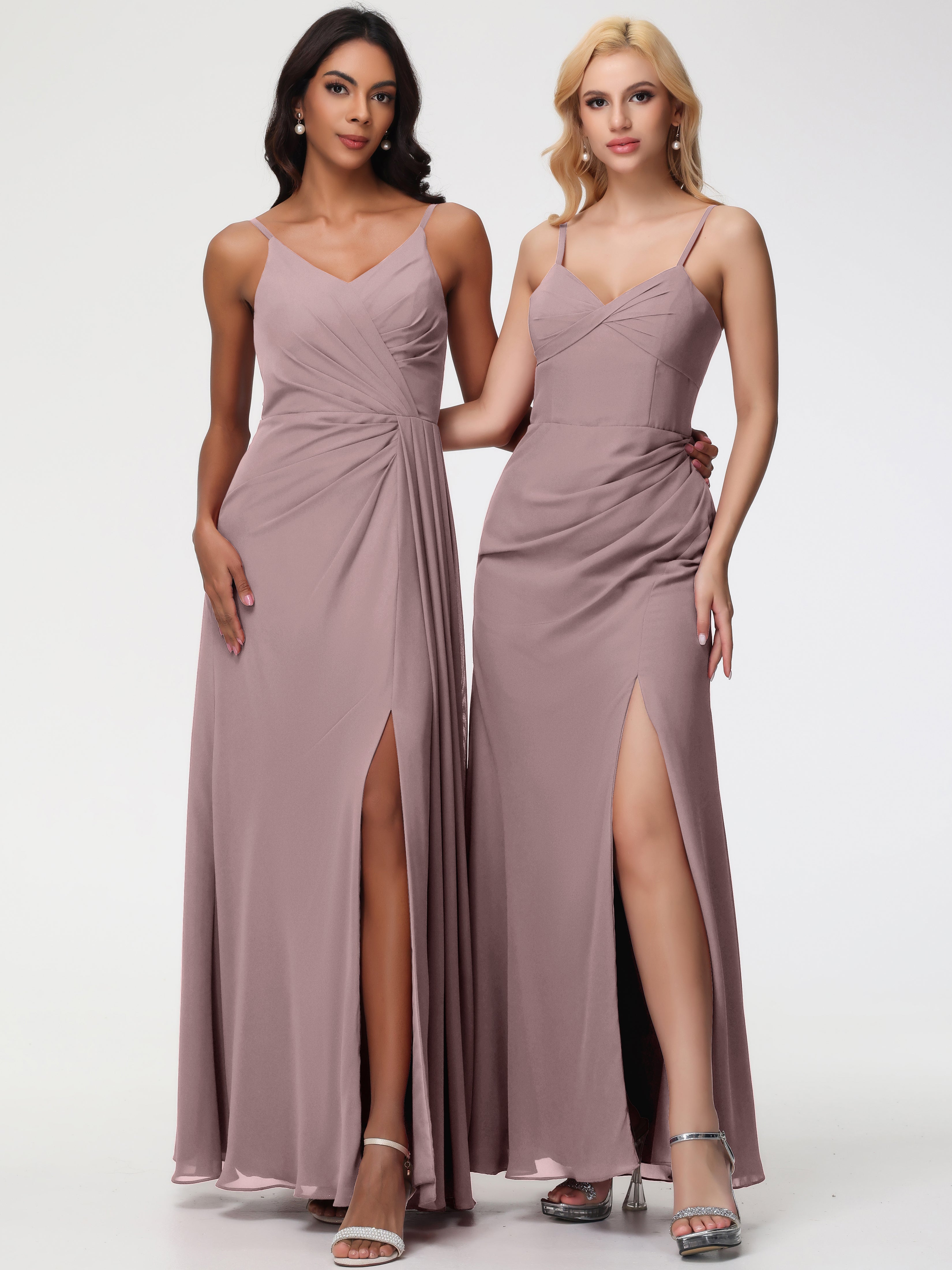 Robes De Demoiselle D'Honneur Mauve Foncé Bretelles Spaghetti Col V Mousseline Robe Demoiselle D'Honneur Longue Plissée