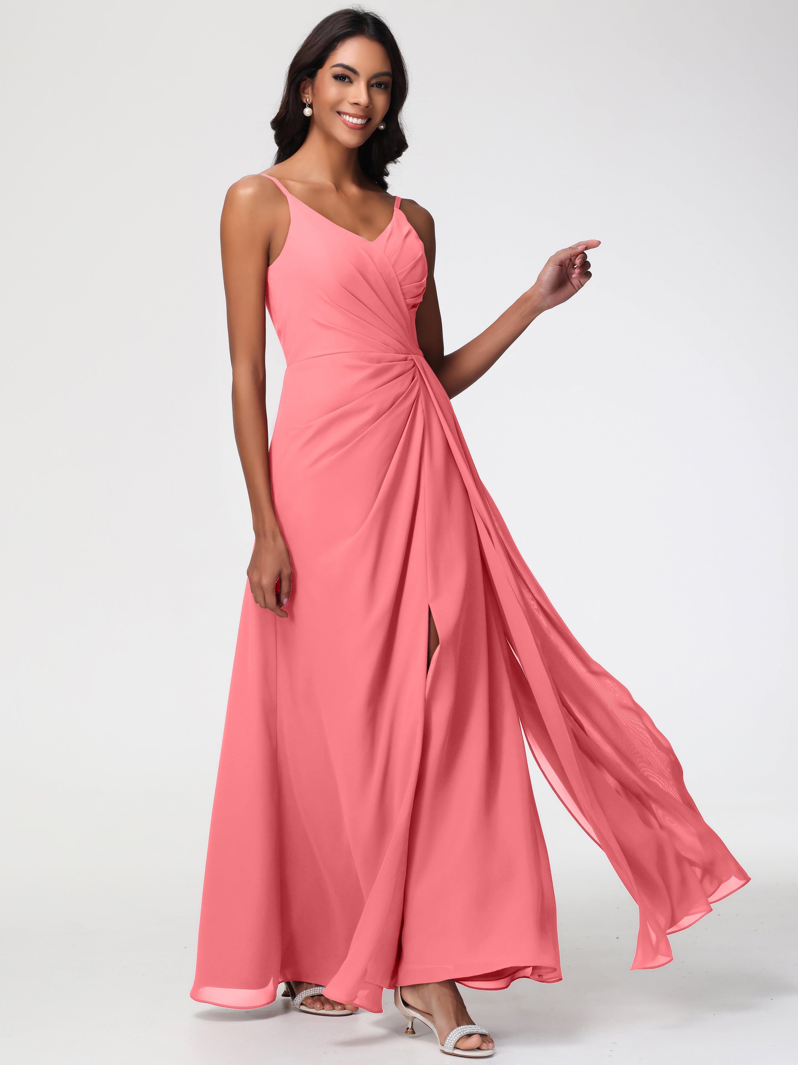 Robes De Demoiselle D'Honneur Pastèque Bretelles Spaghetti Col V Mousseline Robe Demoiselle D'Honneur Longue Plissée