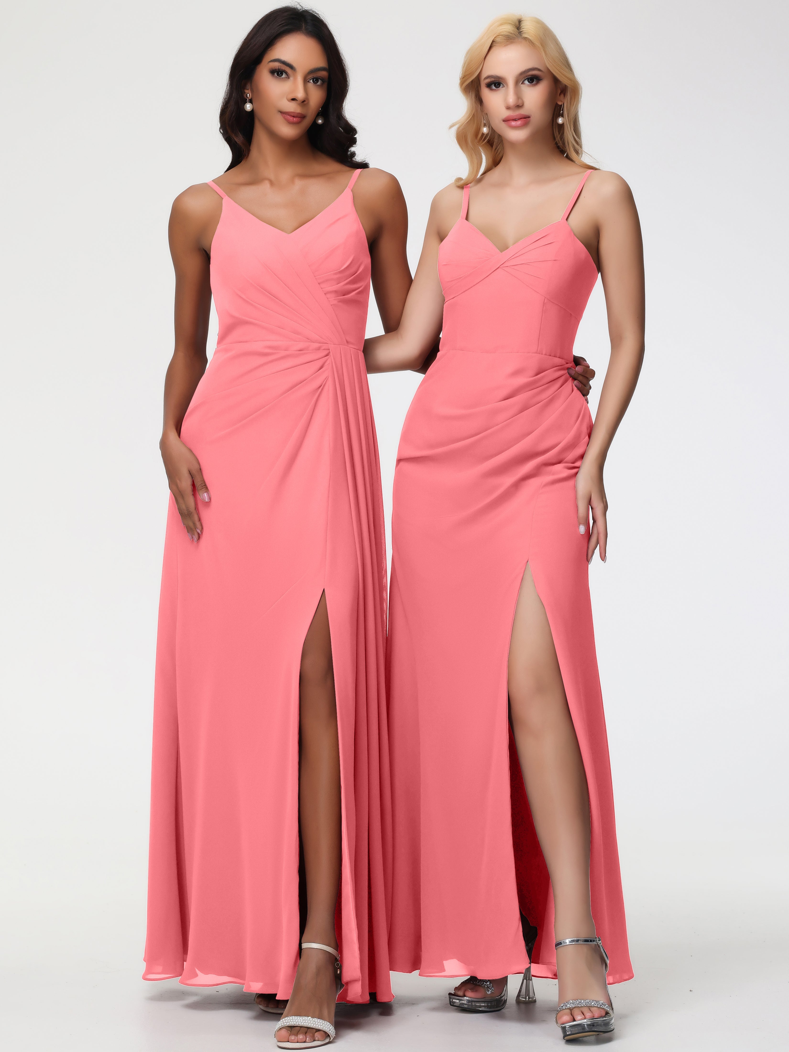 Robes De Demoiselle D'Honneur Pastèque Bretelles Spaghetti Col V Mousseline Robe Demoiselle D'Honneur Longue Plissée