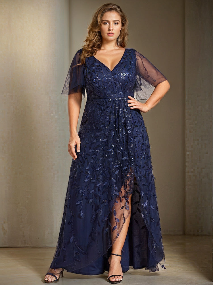 Col V Manches courtes Robe de la Mère de la Mariée Grande Taille en Bleu_Marine