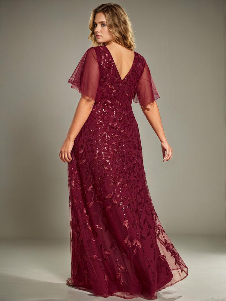 Col V Manches courtes Robe de la Mère de la Mariée Grande Taille en BORDEAUX