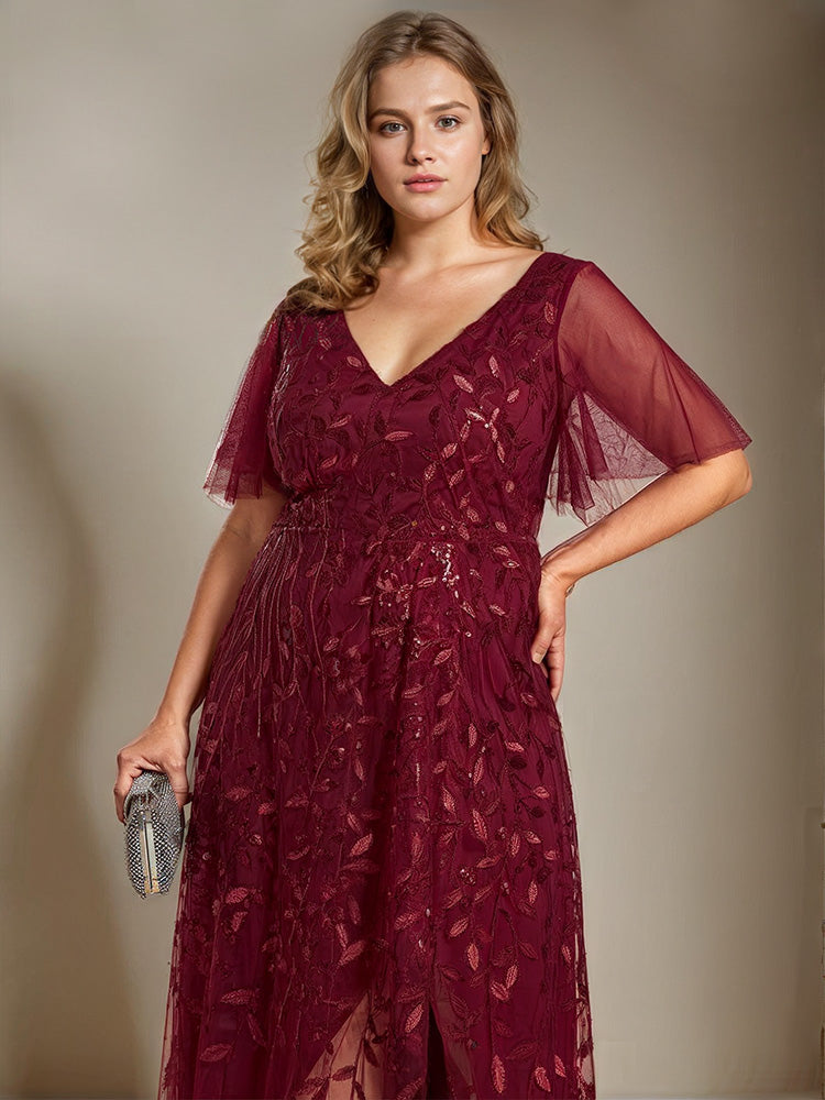 Col V Manches courtes Robe de la Mère de la Mariée Grande Taille en BORDEAUX